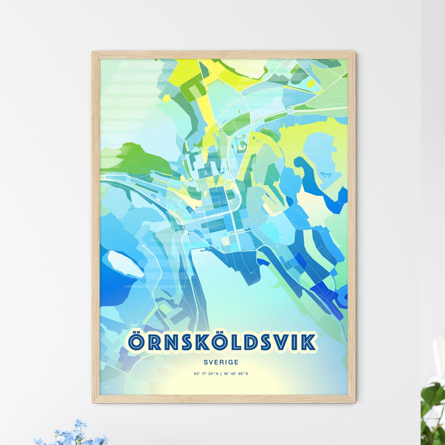 Colorful ÖRNSKÖLDSVIK SWEDEN Fine Art Map Cool Blue