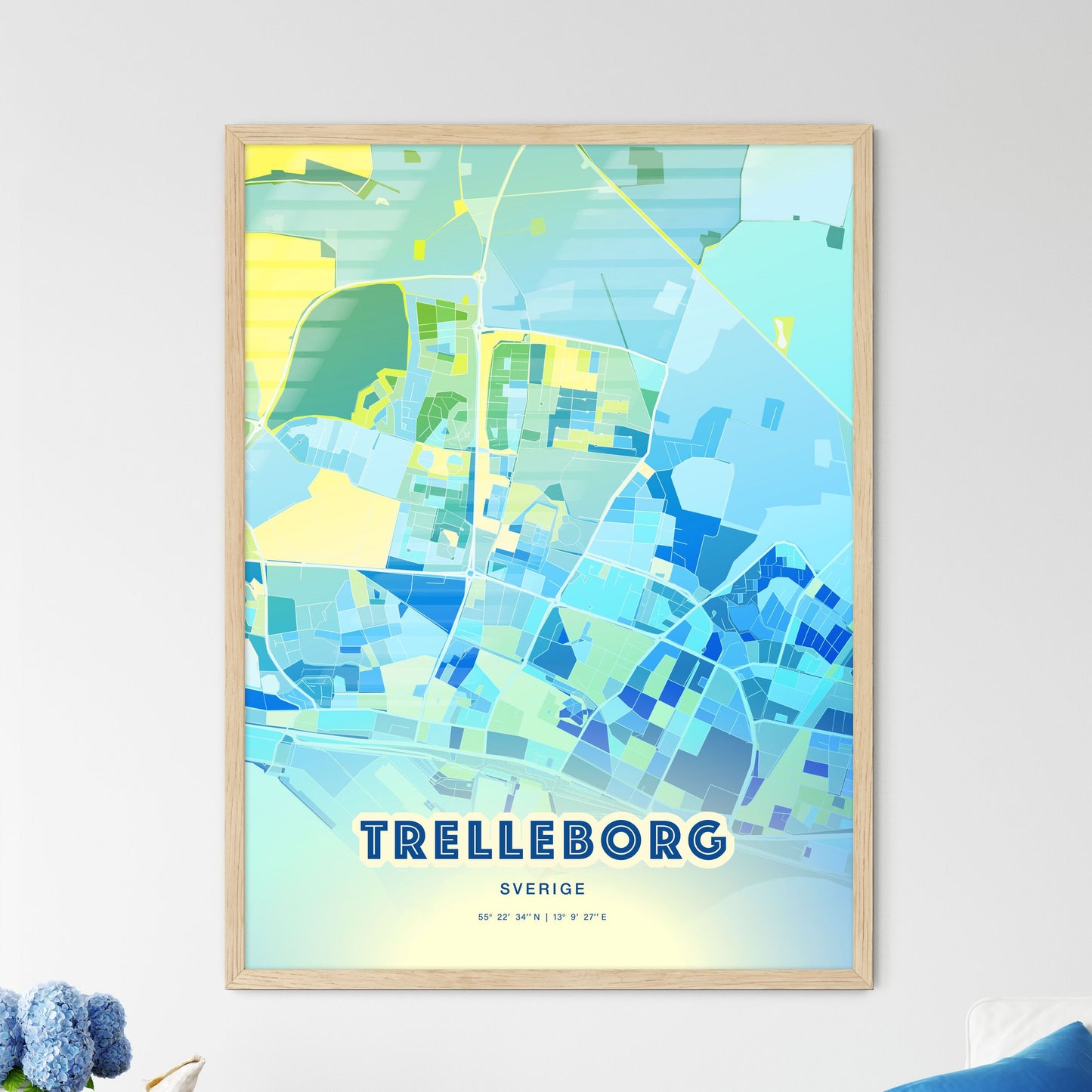 Colorful TRELLEBORG SWEDEN Fine Art Map Cool Blue