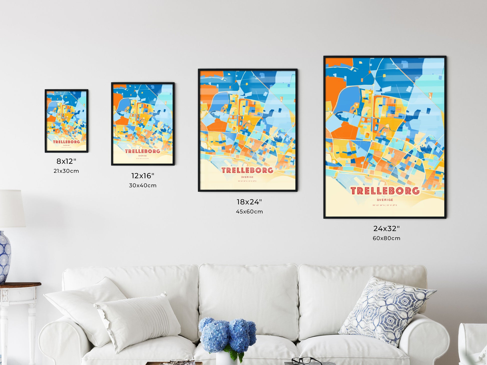 Colorful TRELLEBORG SWEDEN Fine Art Map Blue Orange