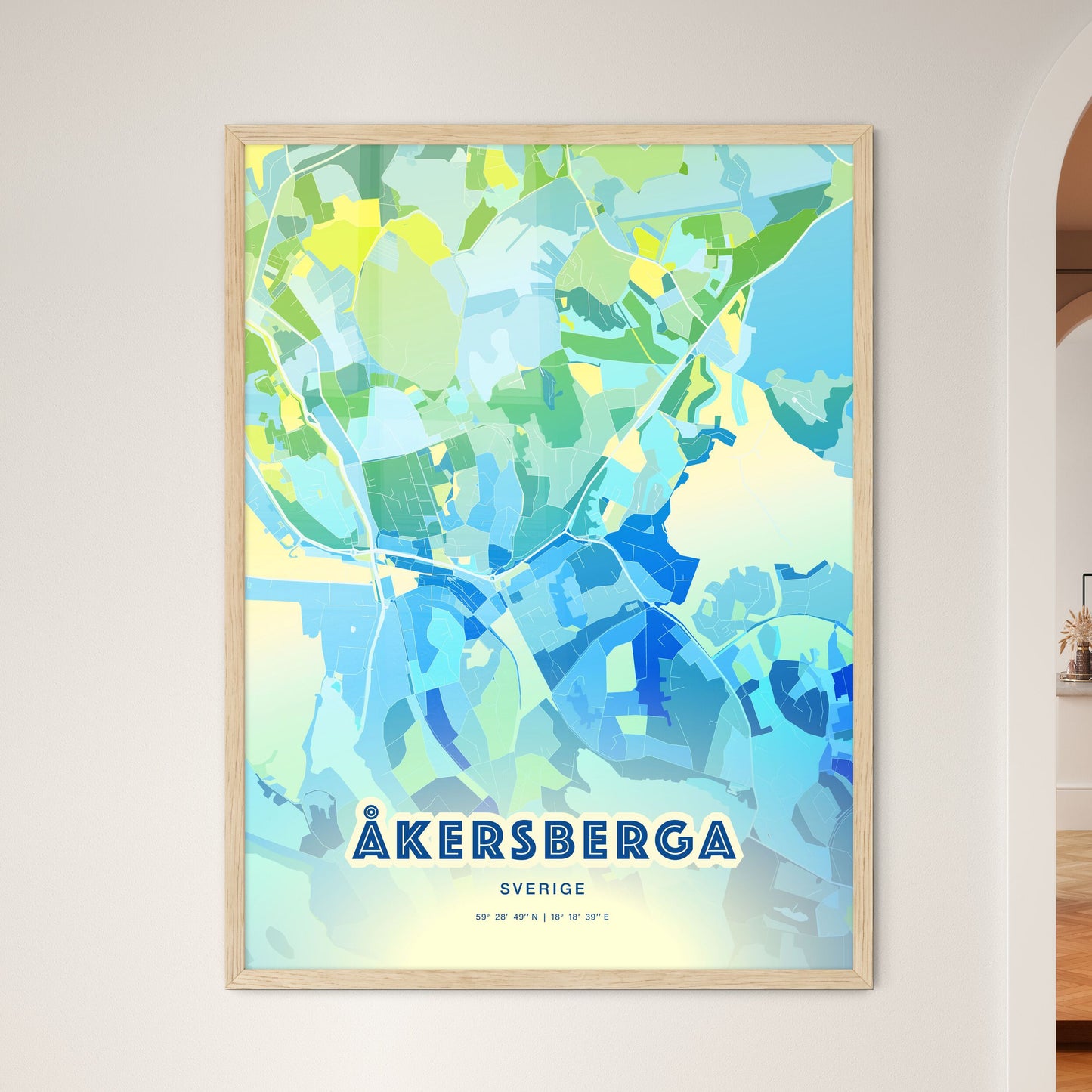 Colorful ÅKERSBERGA SWEDEN Fine Art Map Cool Blue