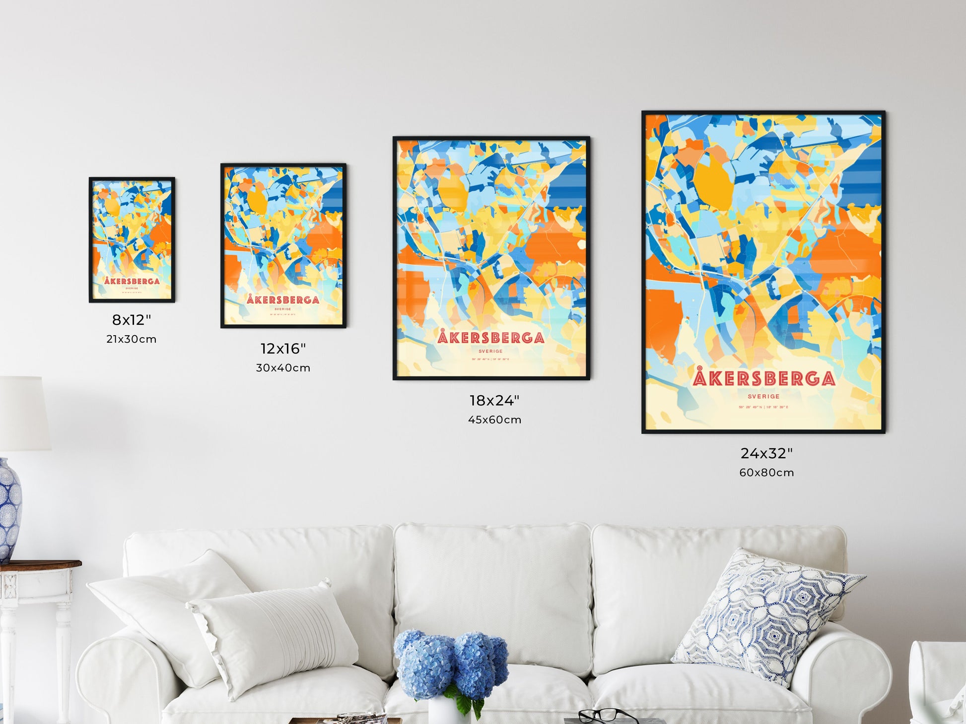 Colorful ÅKERSBERGA SWEDEN Fine Art Map Blue Orange