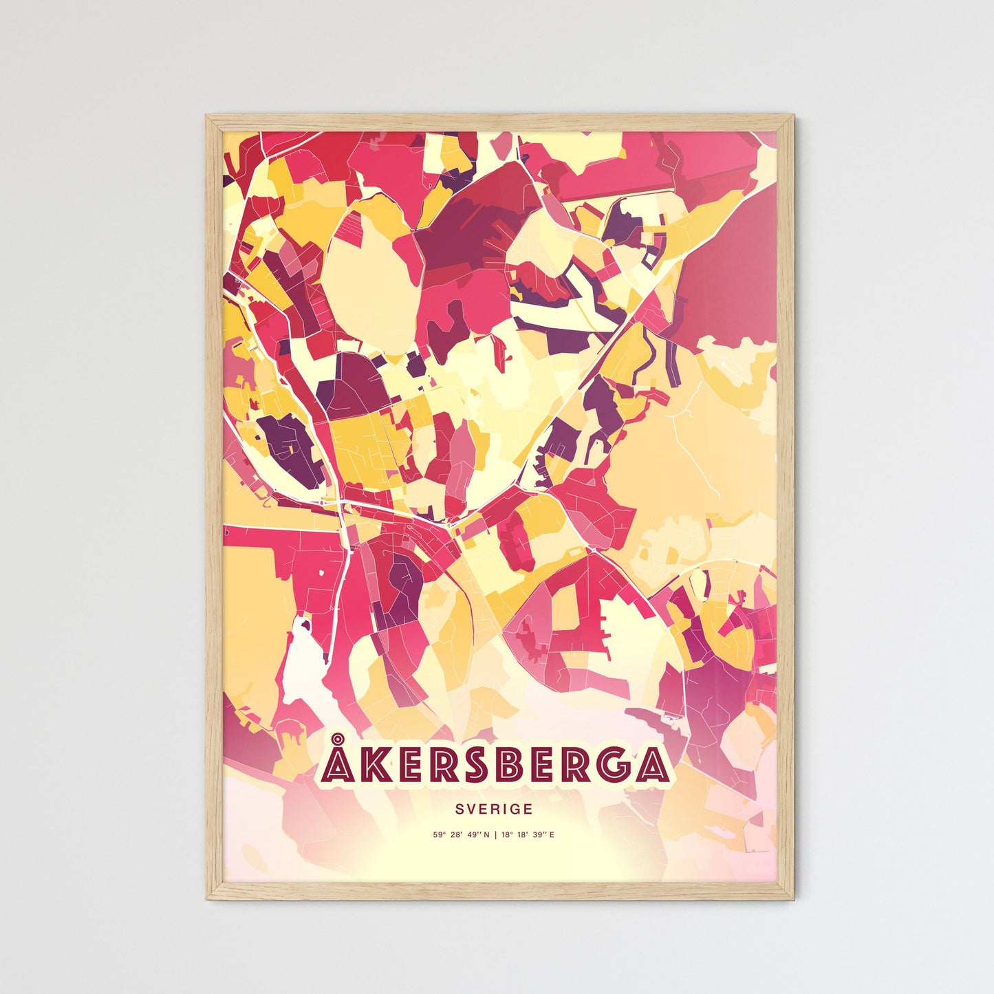 Colorful ÅKERSBERGA SWEDEN Fine Art Map Hot Red