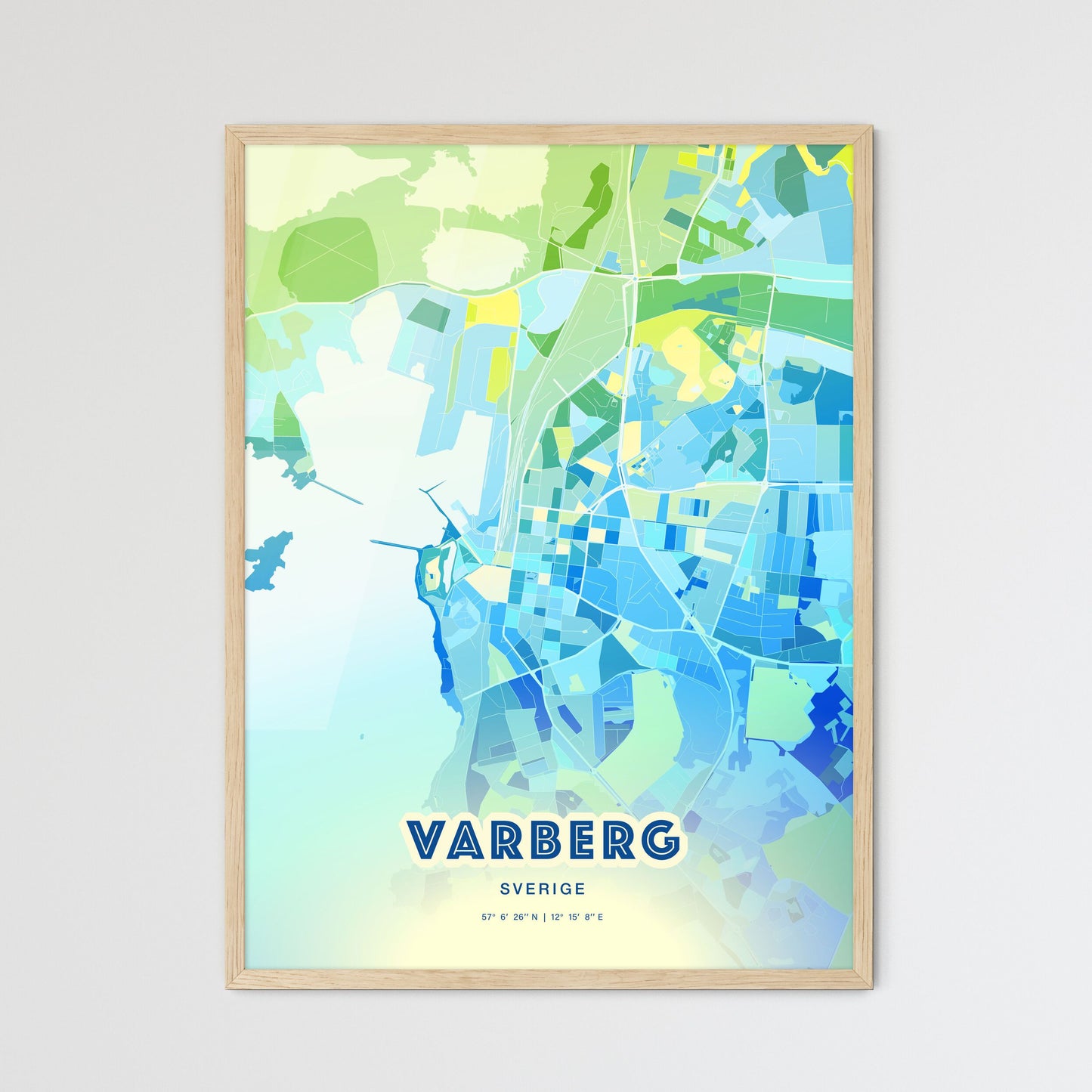 Colorful VARBERG SWEDEN Fine Art Map Cool Blue