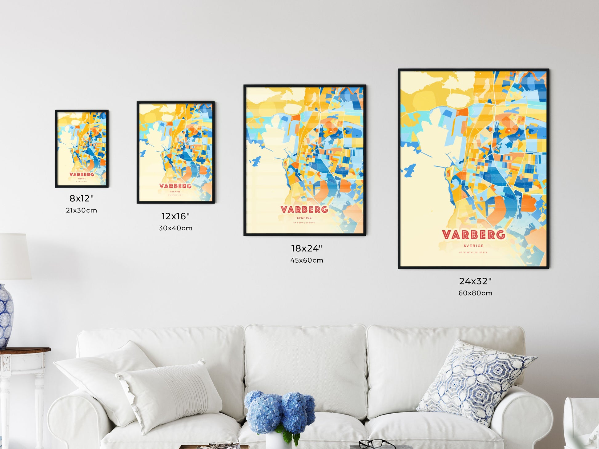 Colorful VARBERG SWEDEN Fine Art Map Blue Orange