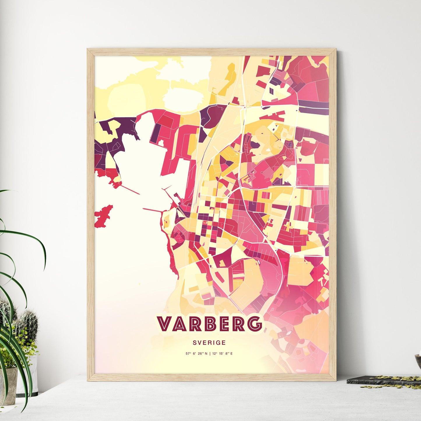 Colorful VARBERG SWEDEN Fine Art Map Hot Red