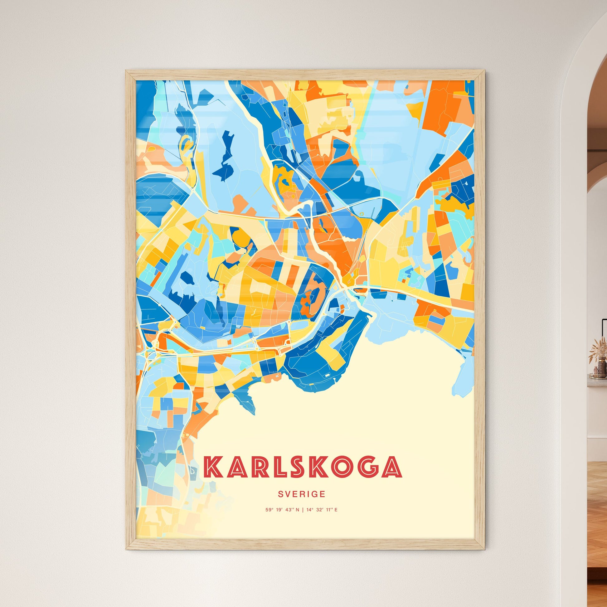 Colorful KARLSKOGA SWEDEN Fine Art Map Blue Orange