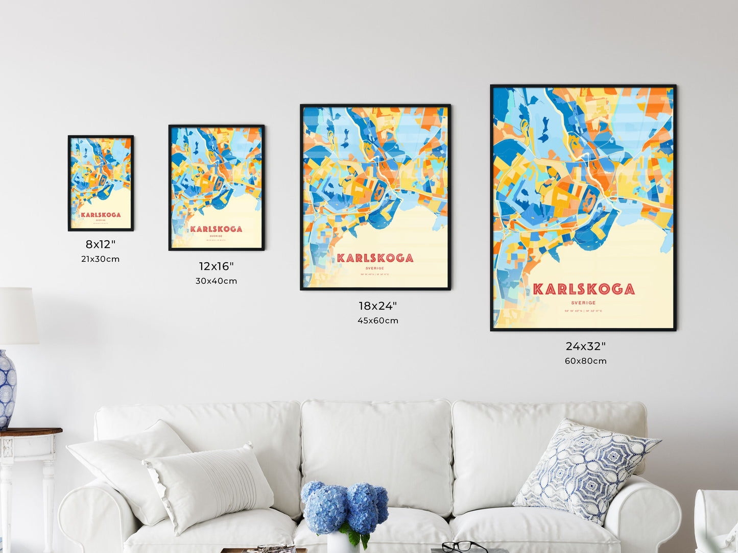 Colorful KARLSKOGA SWEDEN Fine Art Map Blue Orange