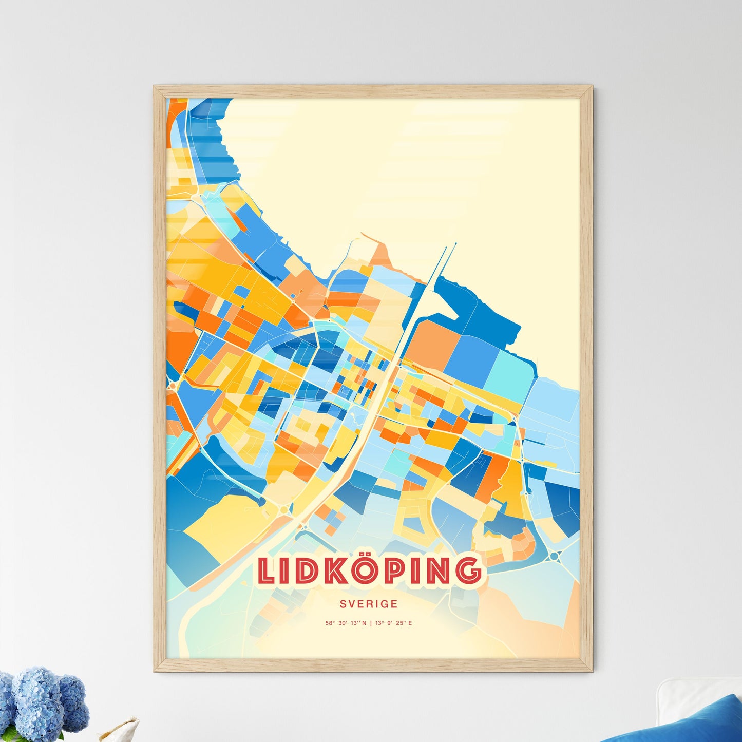 Colorful LIDKÖPING SWEDEN Fine Art Map Blue Orange