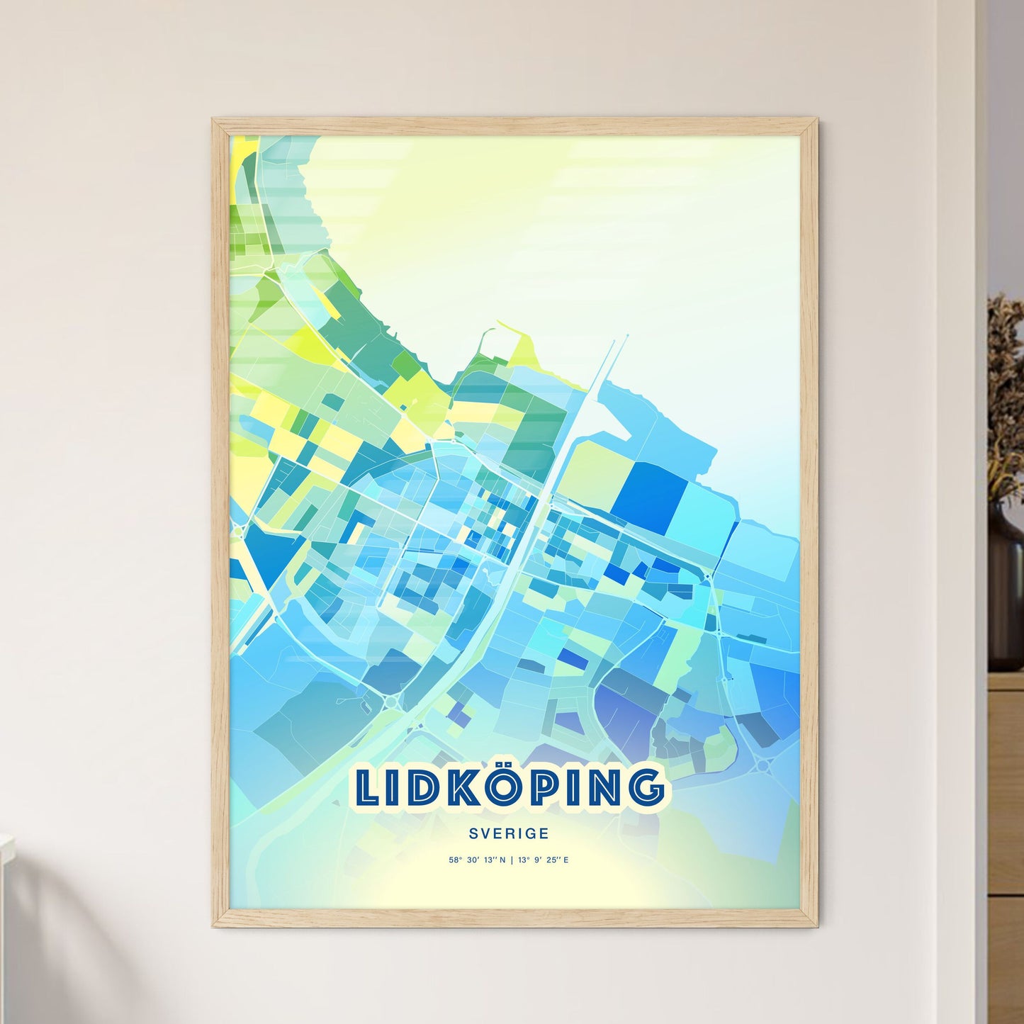 Colorful LIDKÖPING SWEDEN Fine Art Map Cool Blue