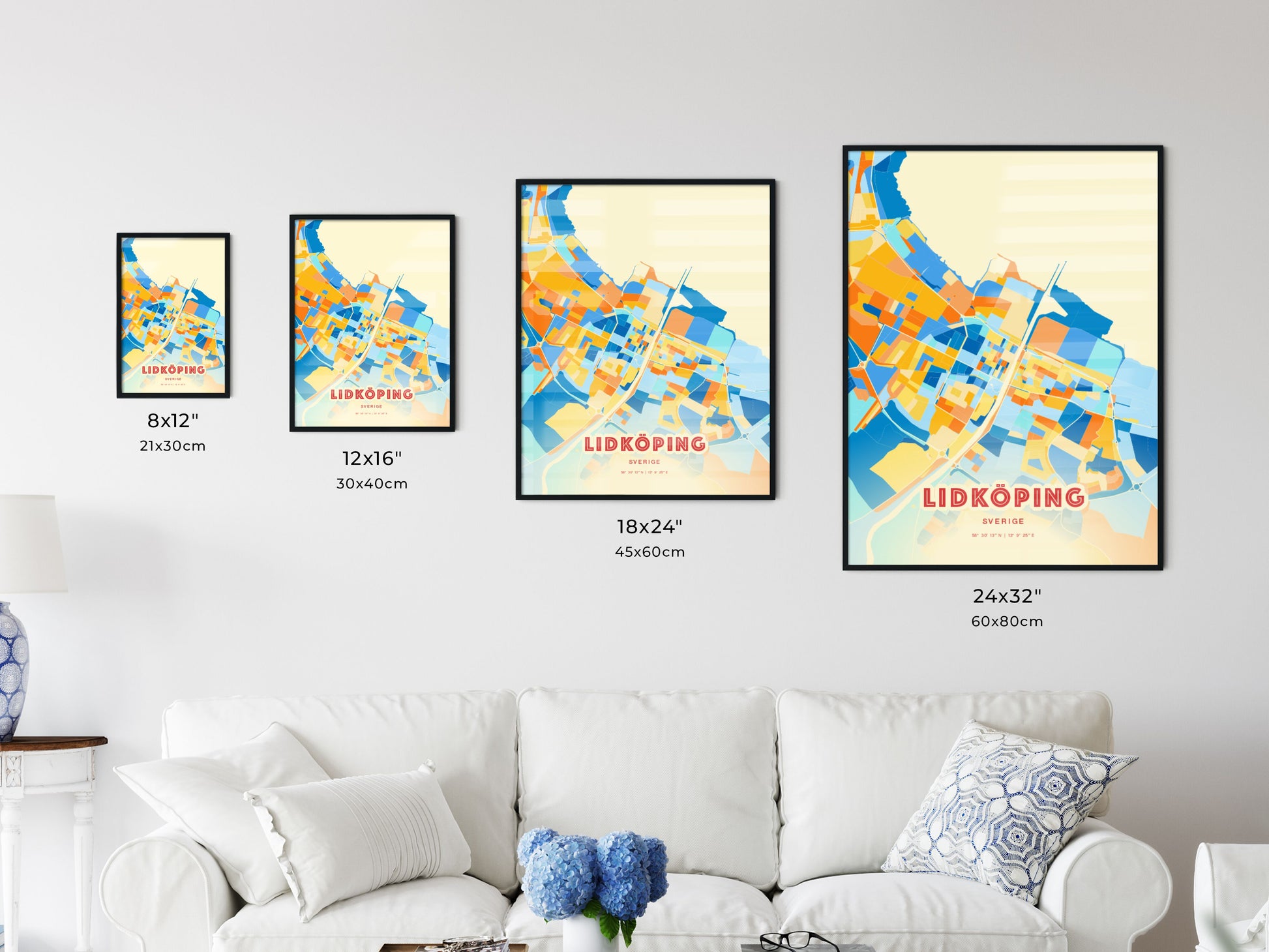 Colorful LIDKÖPING SWEDEN Fine Art Map Blue Orange