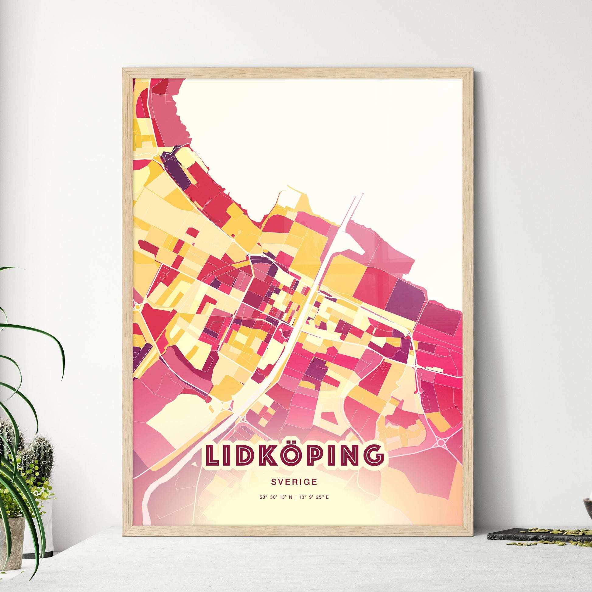 Colorful LIDKÖPING SWEDEN Fine Art Map Hot Red