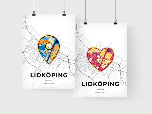 LIDKÖPING SWEDEN minimal art map with a colorful icon. Where it all began, Couple map gift.