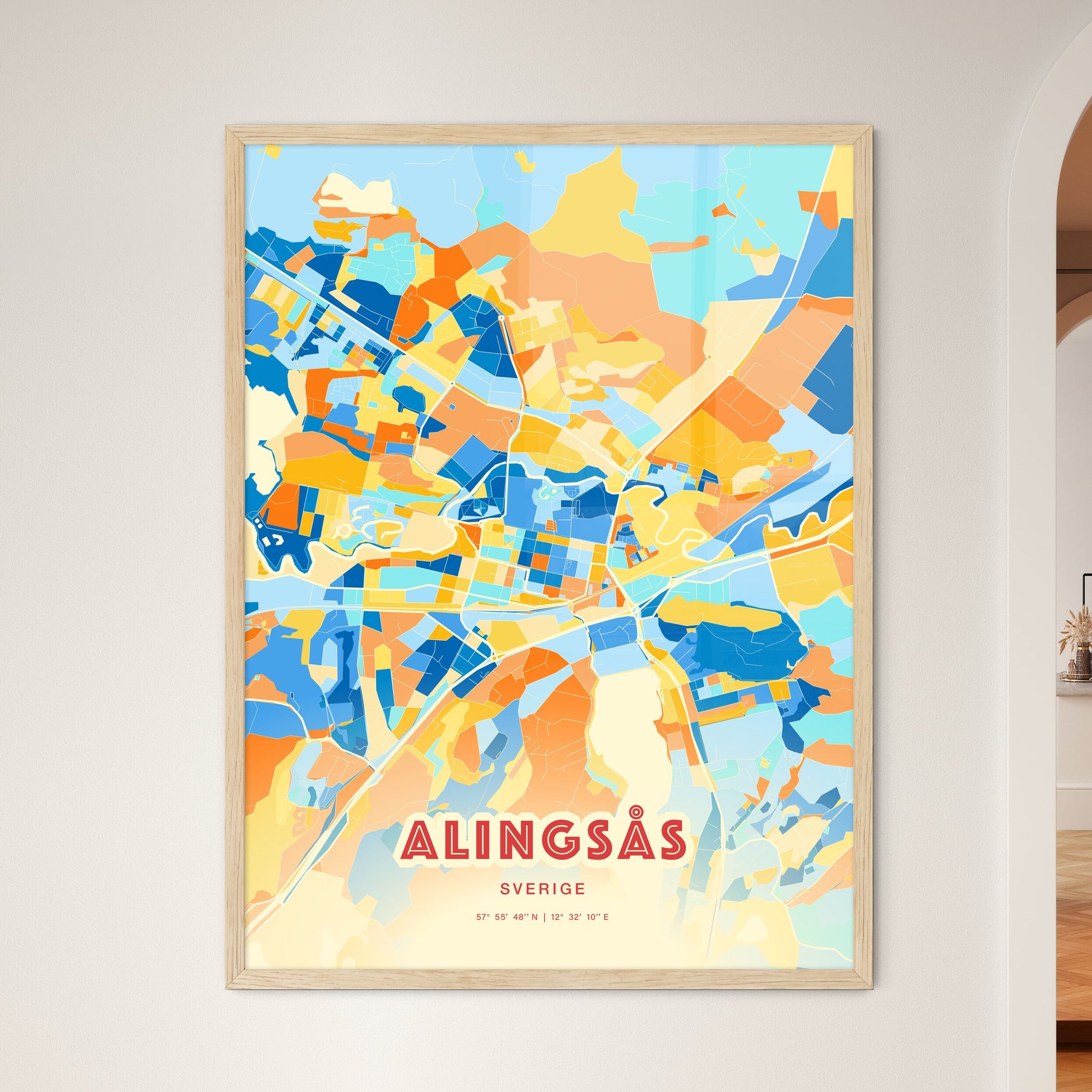 Colorful ALINGSÅS SWEDEN Fine Art Map Blue Orange