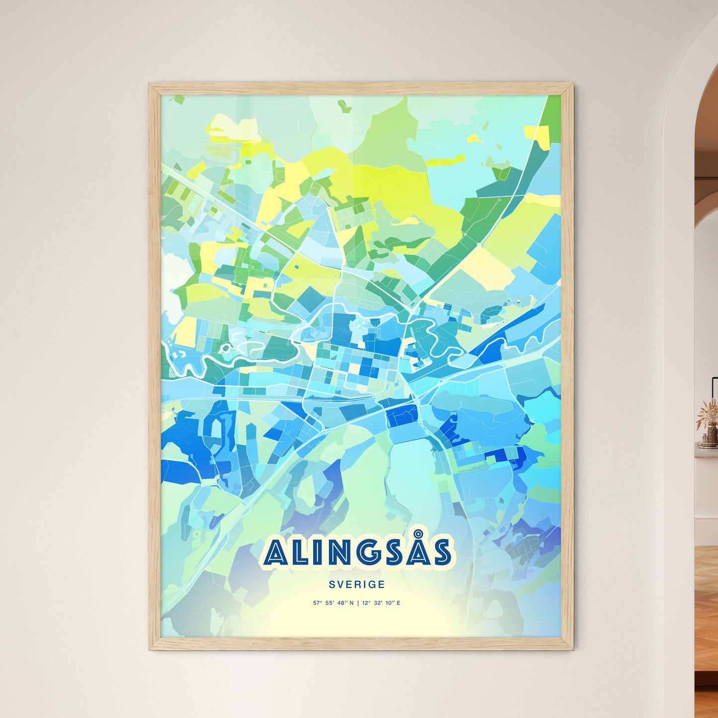 Colorful ALINGSÅS SWEDEN Fine Art Map Cool Blue