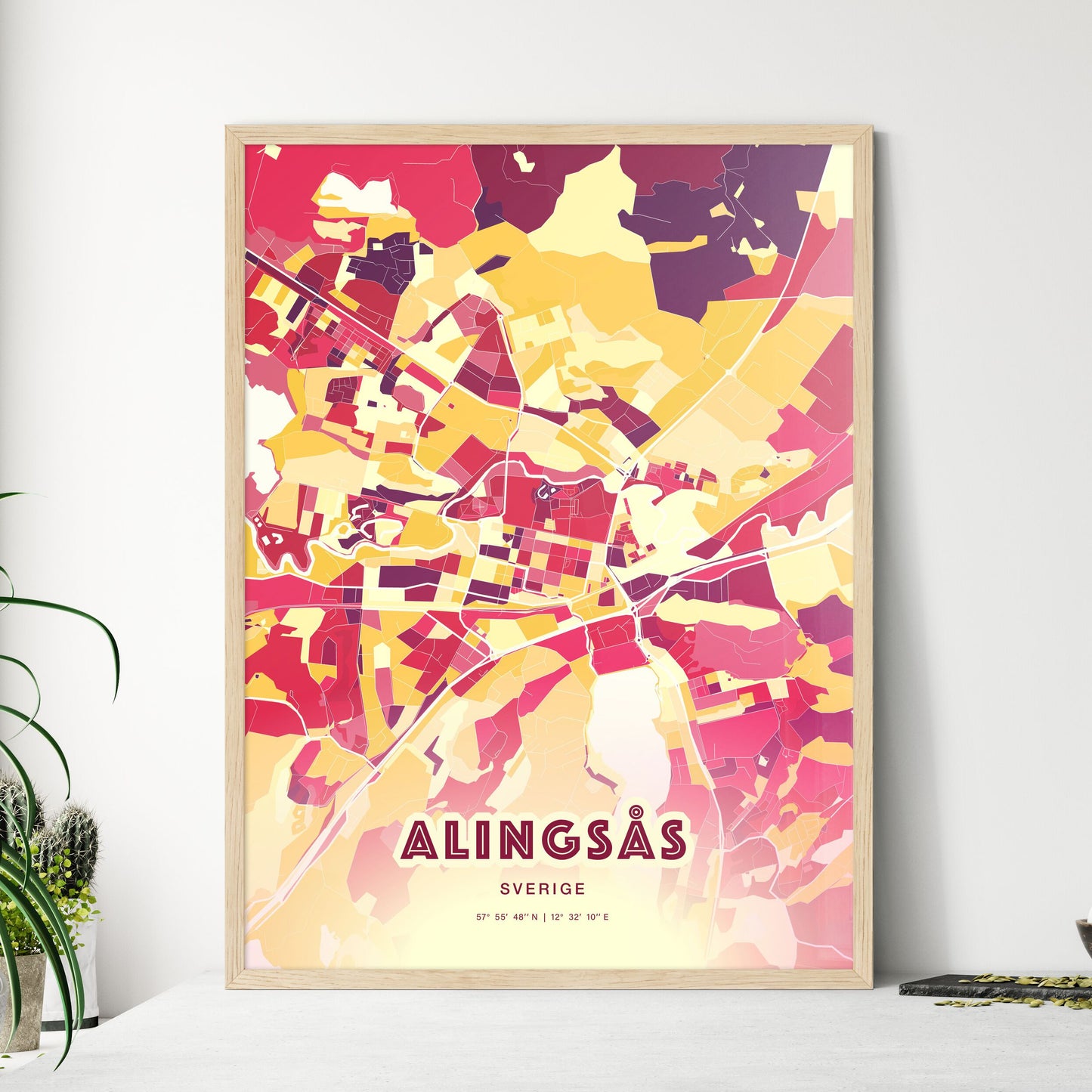 Colorful ALINGSÅS SWEDEN Fine Art Map Hot Red