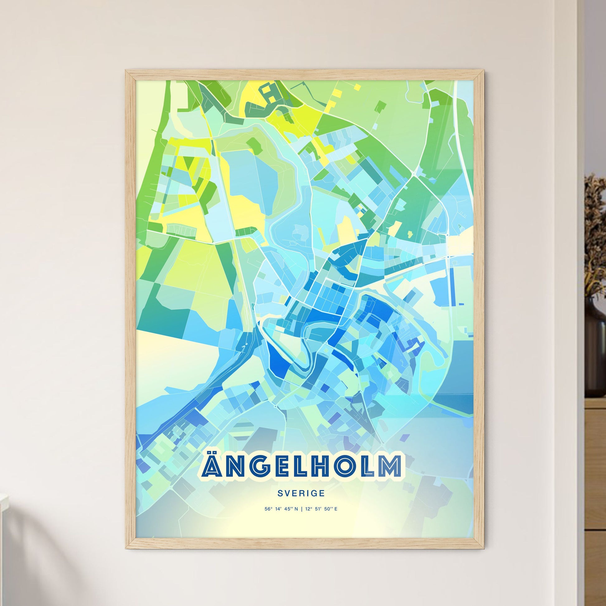 Colorful ÄNGELHOLM SWEDEN Fine Art Map Cool Blue