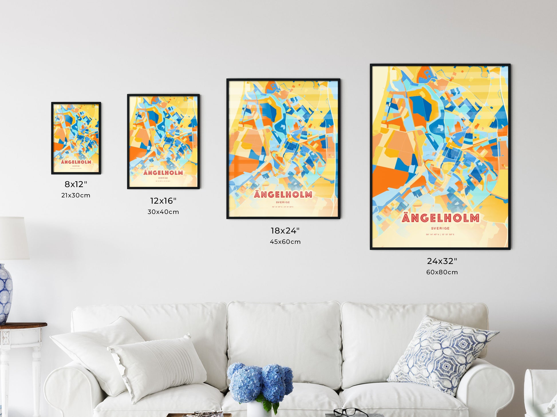 Colorful ÄNGELHOLM SWEDEN Fine Art Map Blue Orange