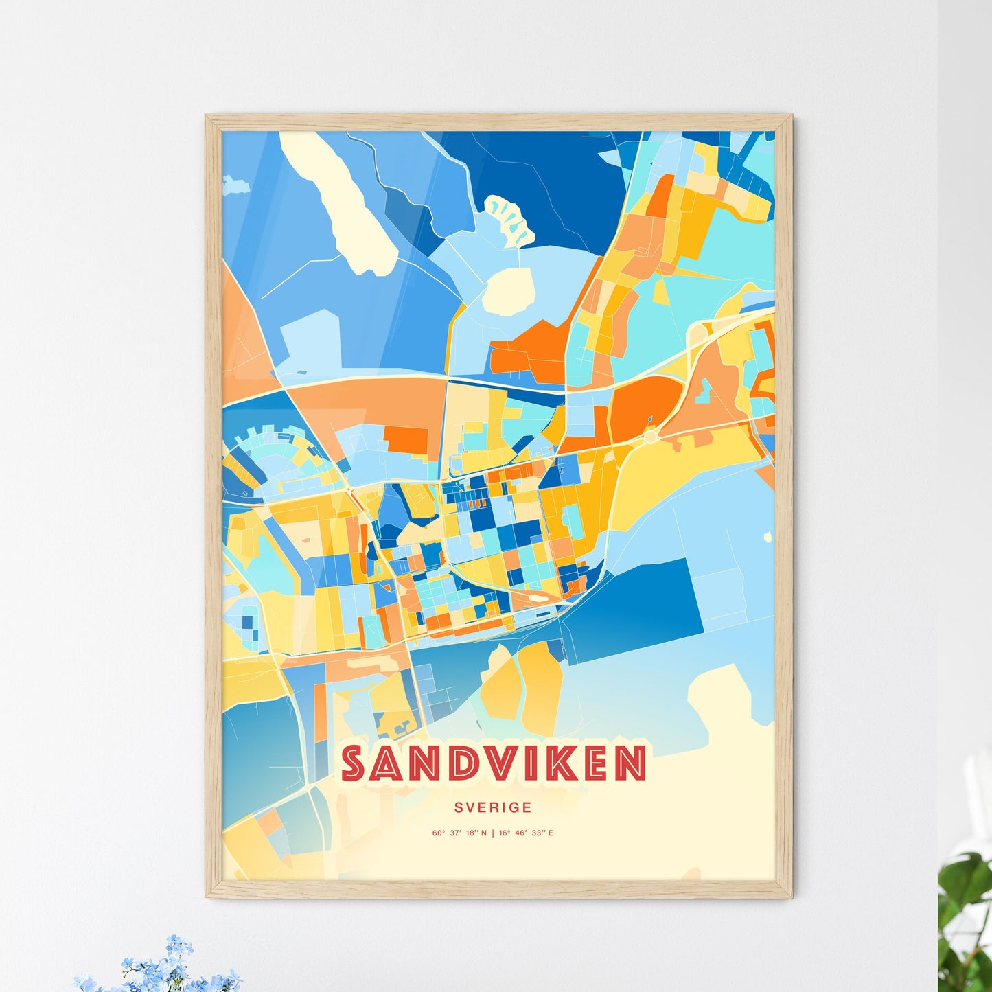 Colorful SANDVIKEN SWEDEN Fine Art Map Blue Orange