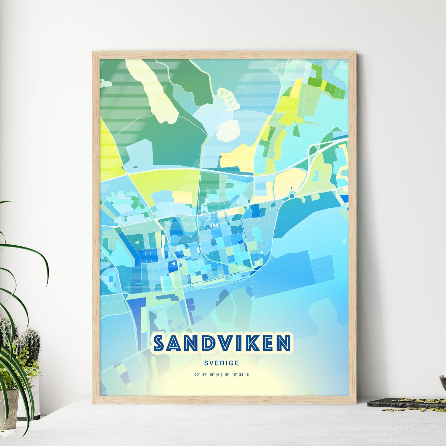 Colorful SANDVIKEN SWEDEN Fine Art Map Cool Blue