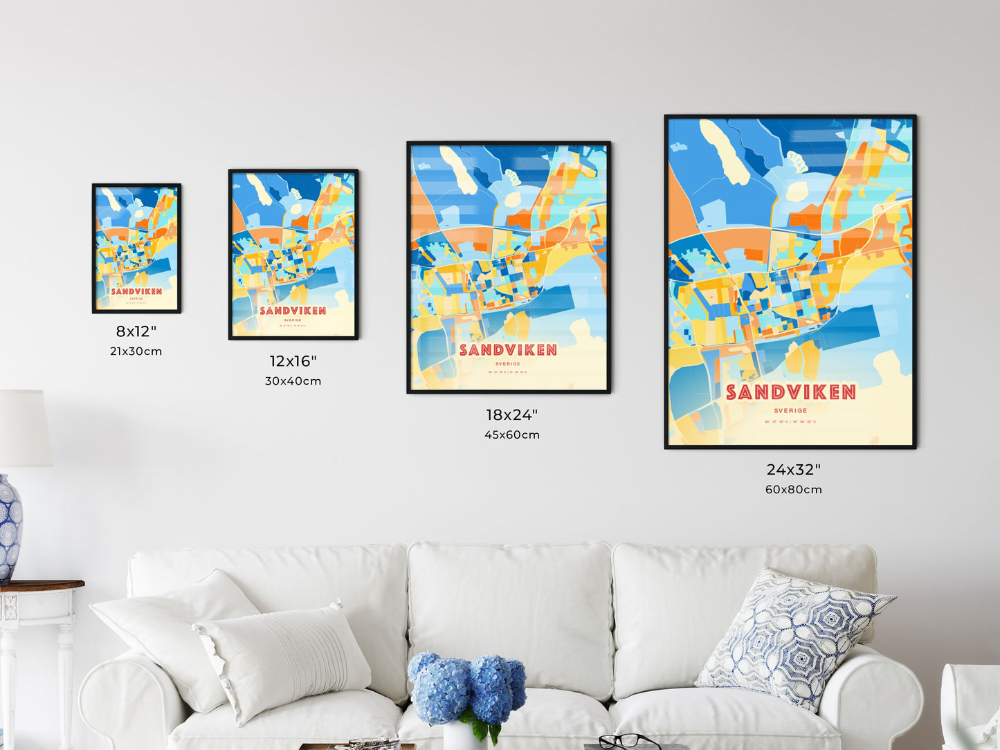 Colorful SANDVIKEN SWEDEN Fine Art Map Blue Orange