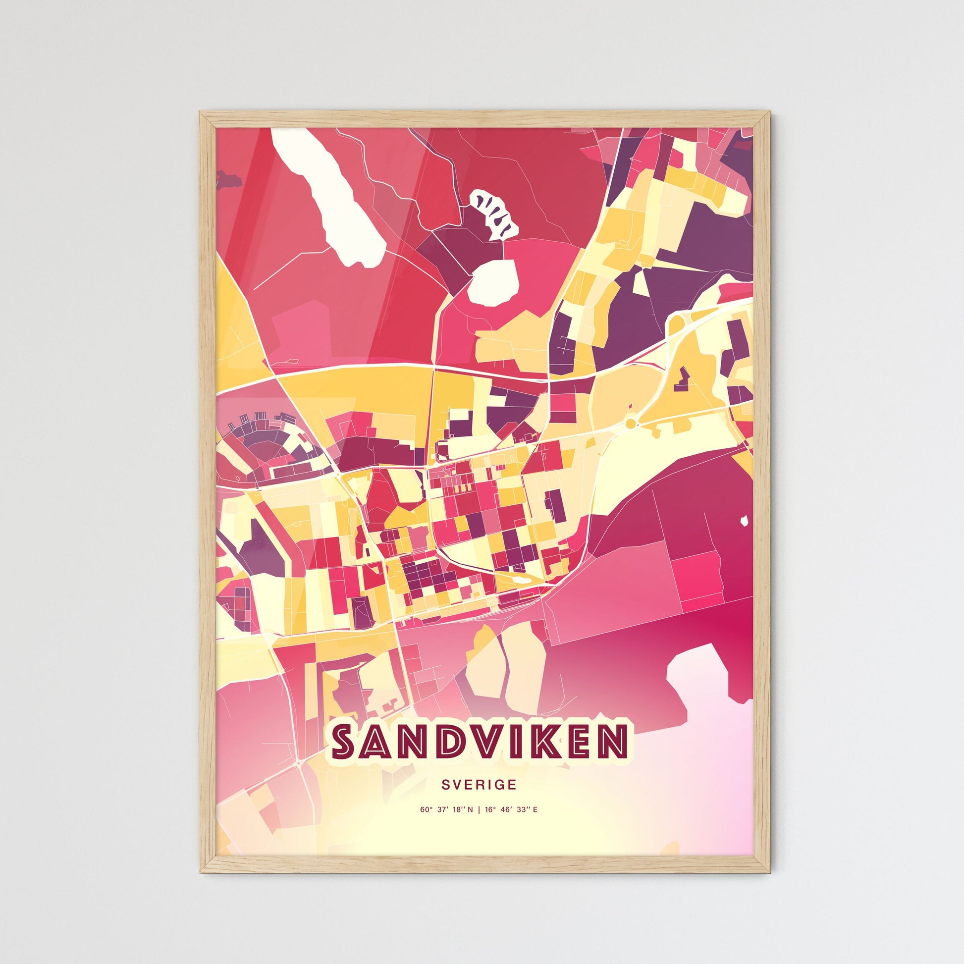 Colorful SANDVIKEN SWEDEN Fine Art Map Hot Red