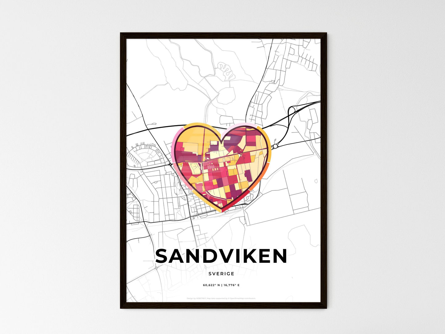 Sandviken Sweden wedding art map with heart icon