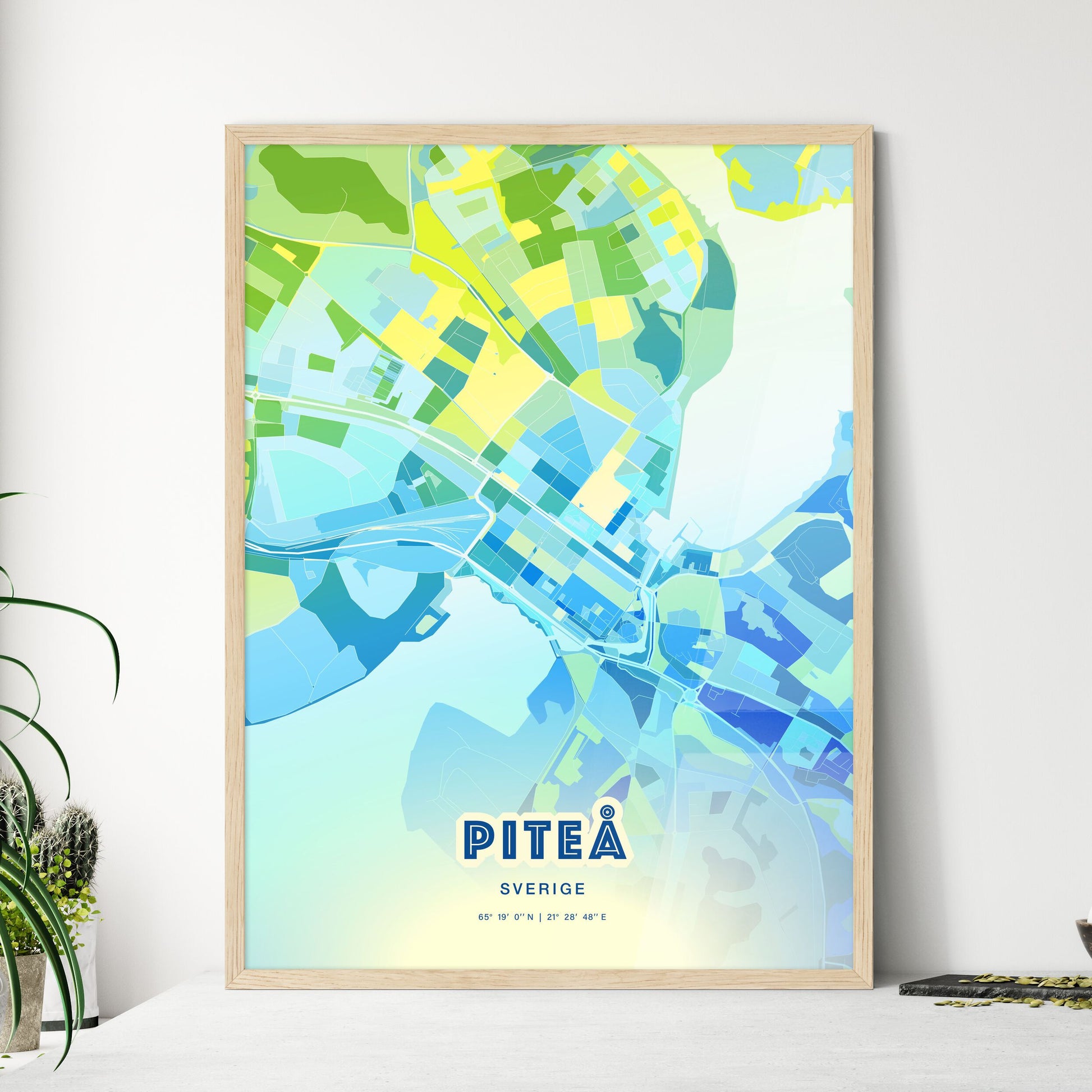 Colorful PITEÅ SWEDEN Fine Art Map Cool Blue