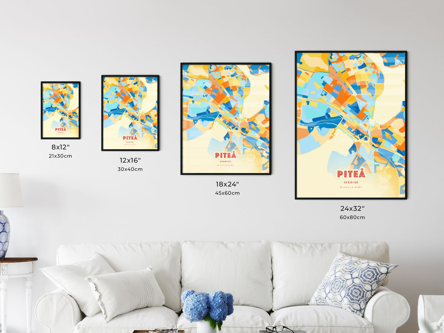 Colorful PITEÅ SWEDEN Fine Art Map Blue Orange