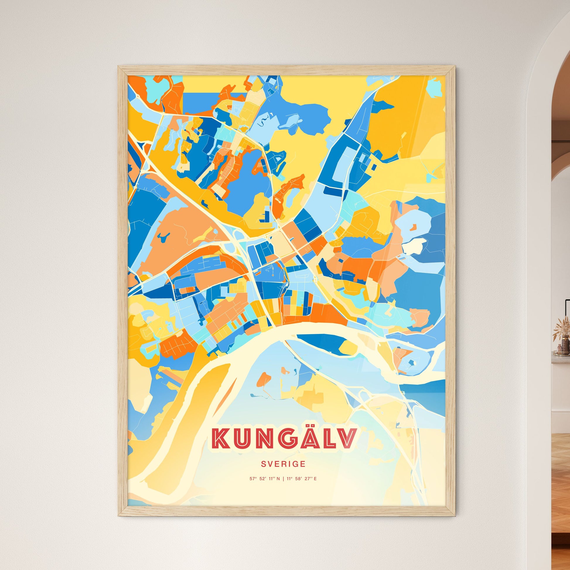 Colorful KUNGÄLV SWEDEN Fine Art Map Blue Orange