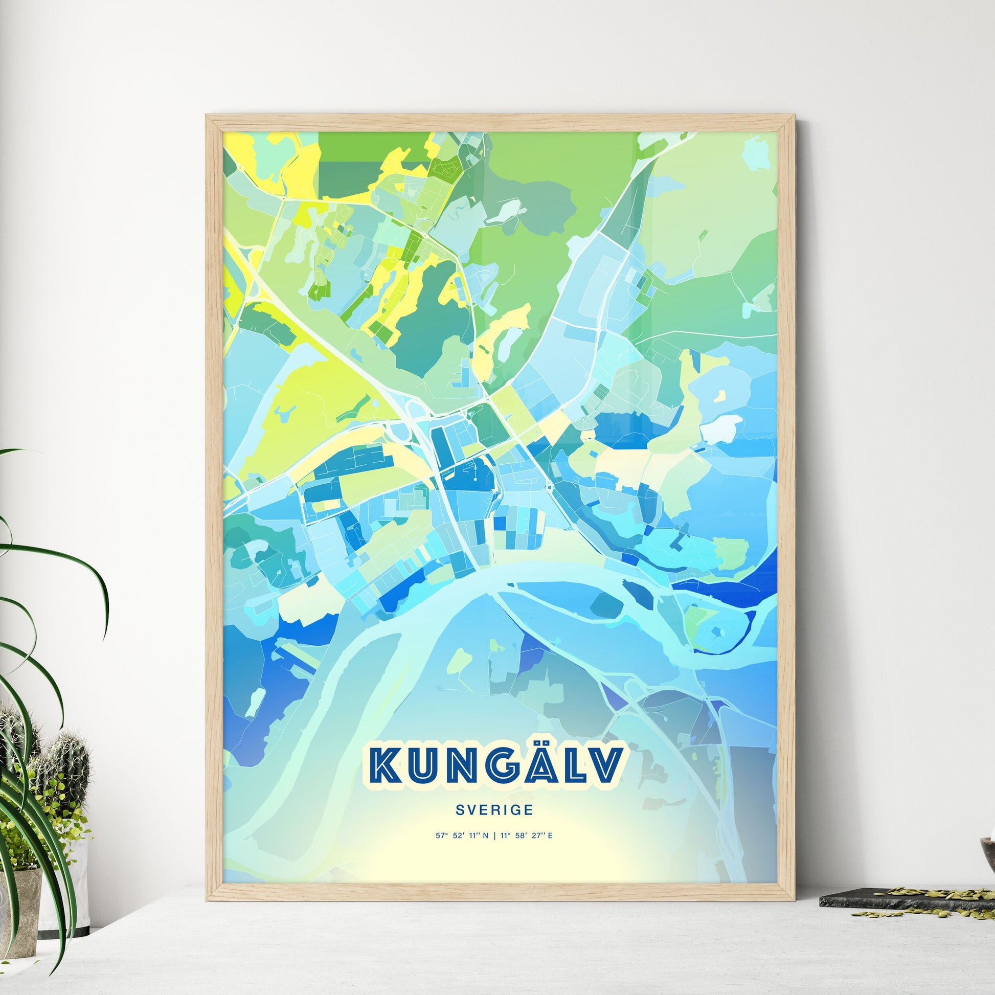 Colorful KUNGÄLV SWEDEN Fine Art Map Cool Blue