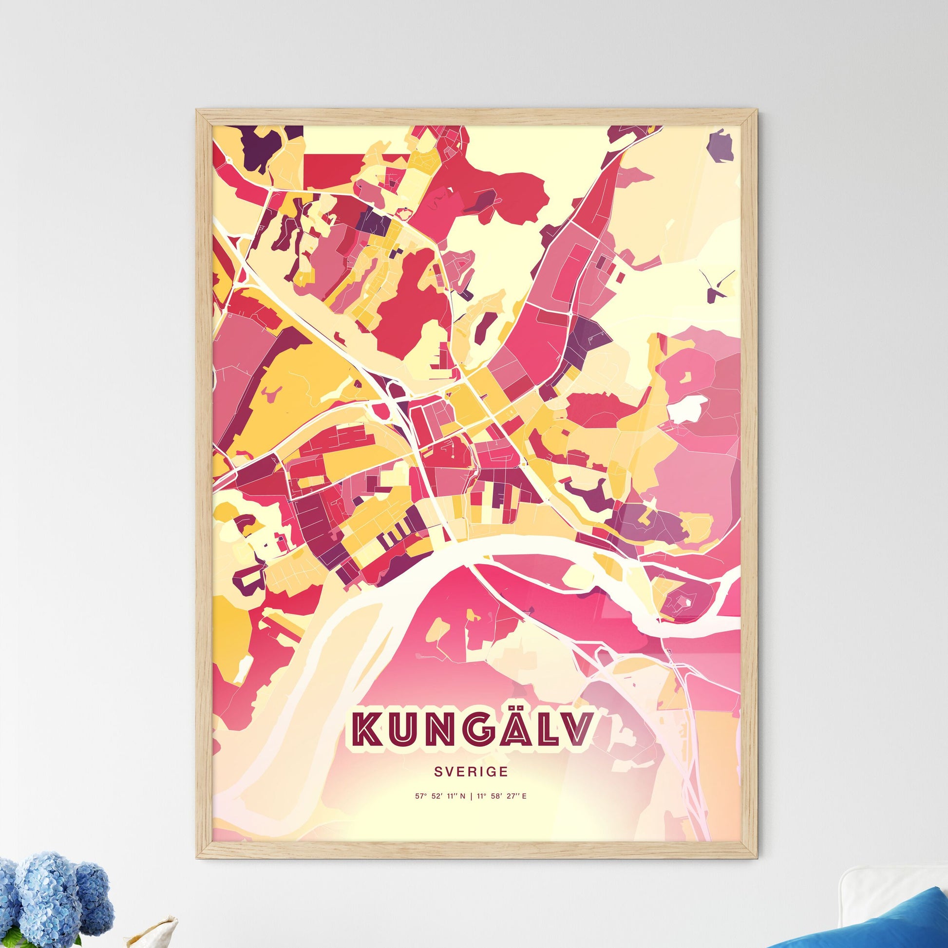 Colorful KUNGÄLV SWEDEN Fine Art Map Hot Red