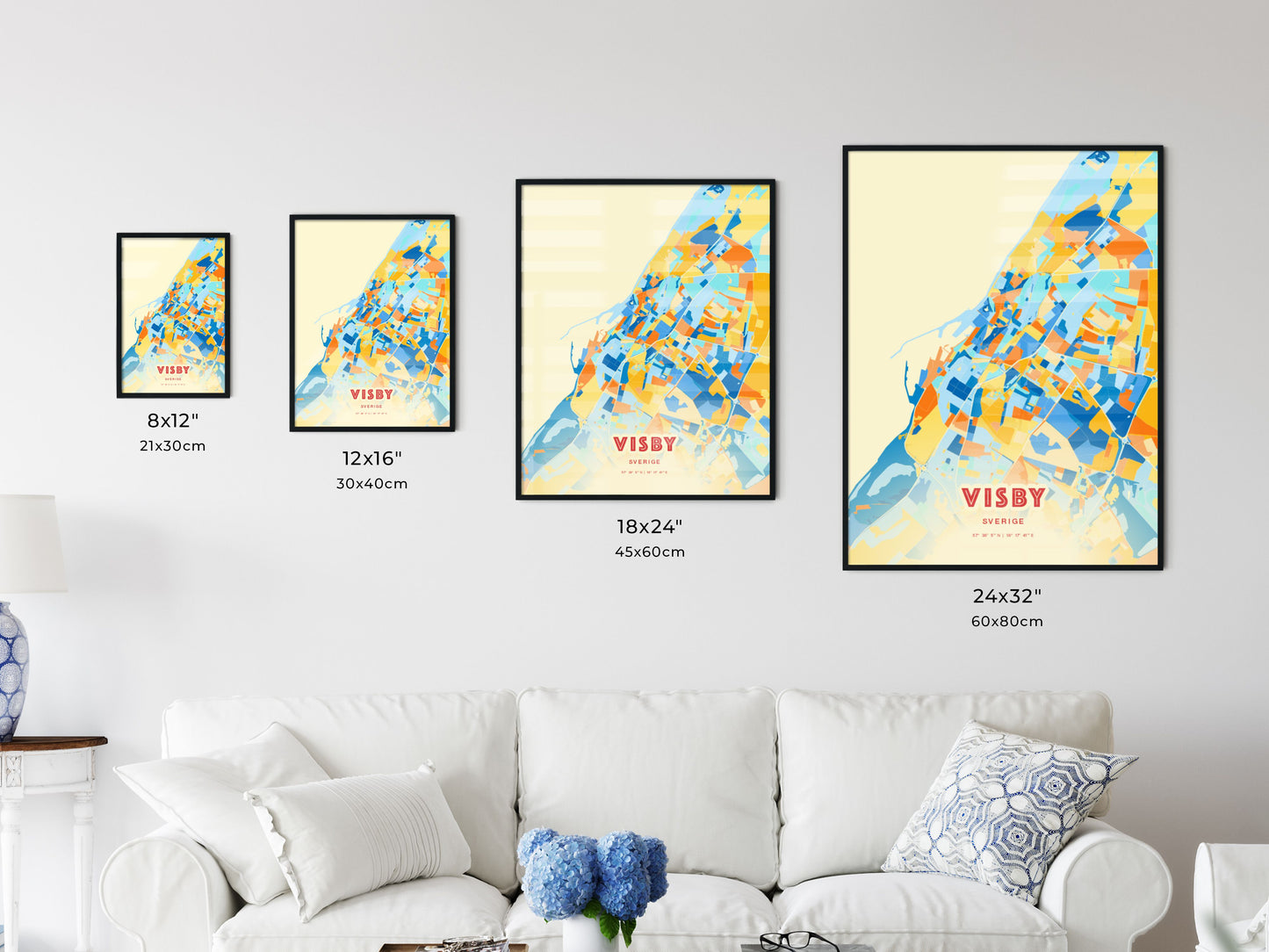 Colorful VISBY SWEDEN Fine Art Map Blue Orange