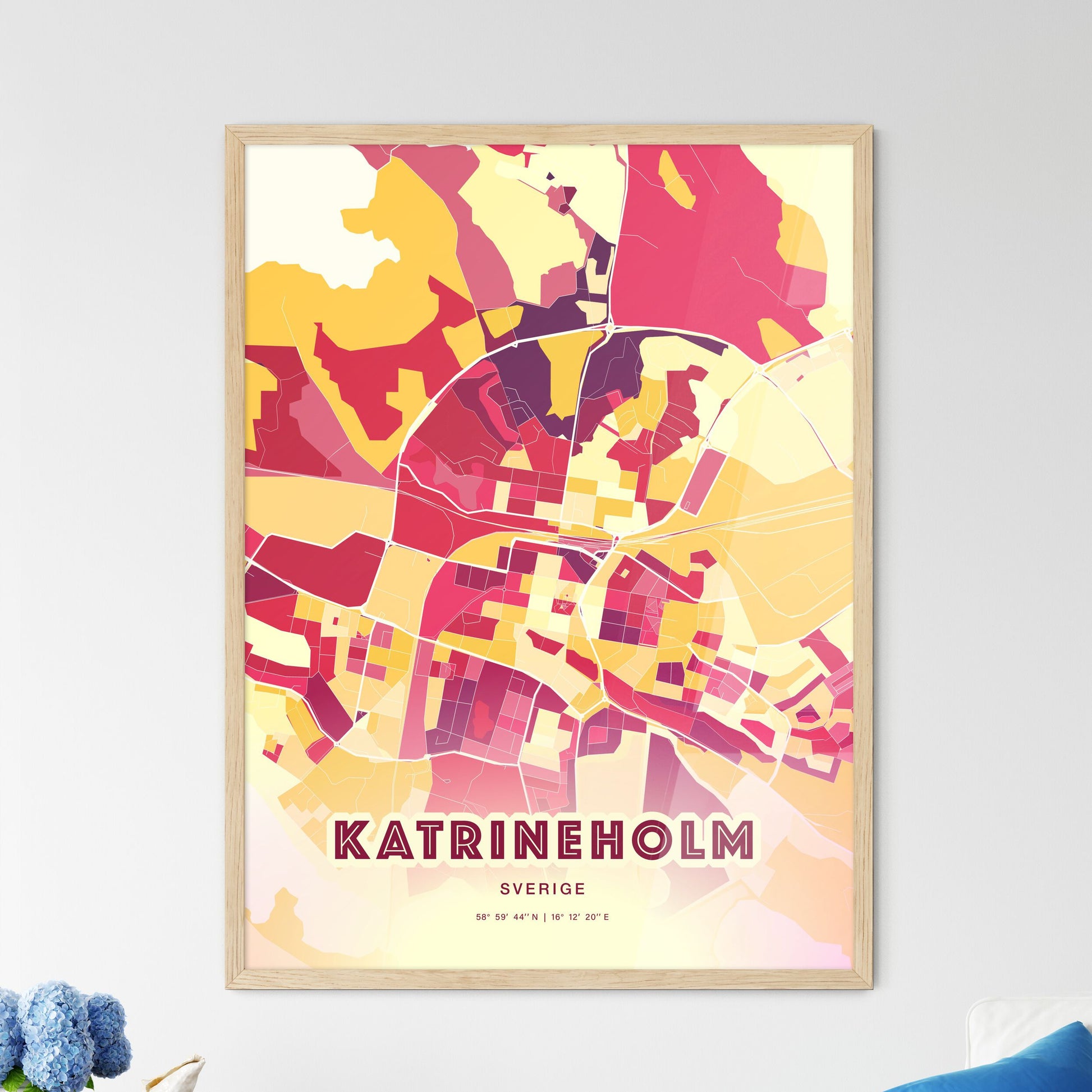 Colorful KATRINEHOLM SWEDEN Fine Art Map Hot Red