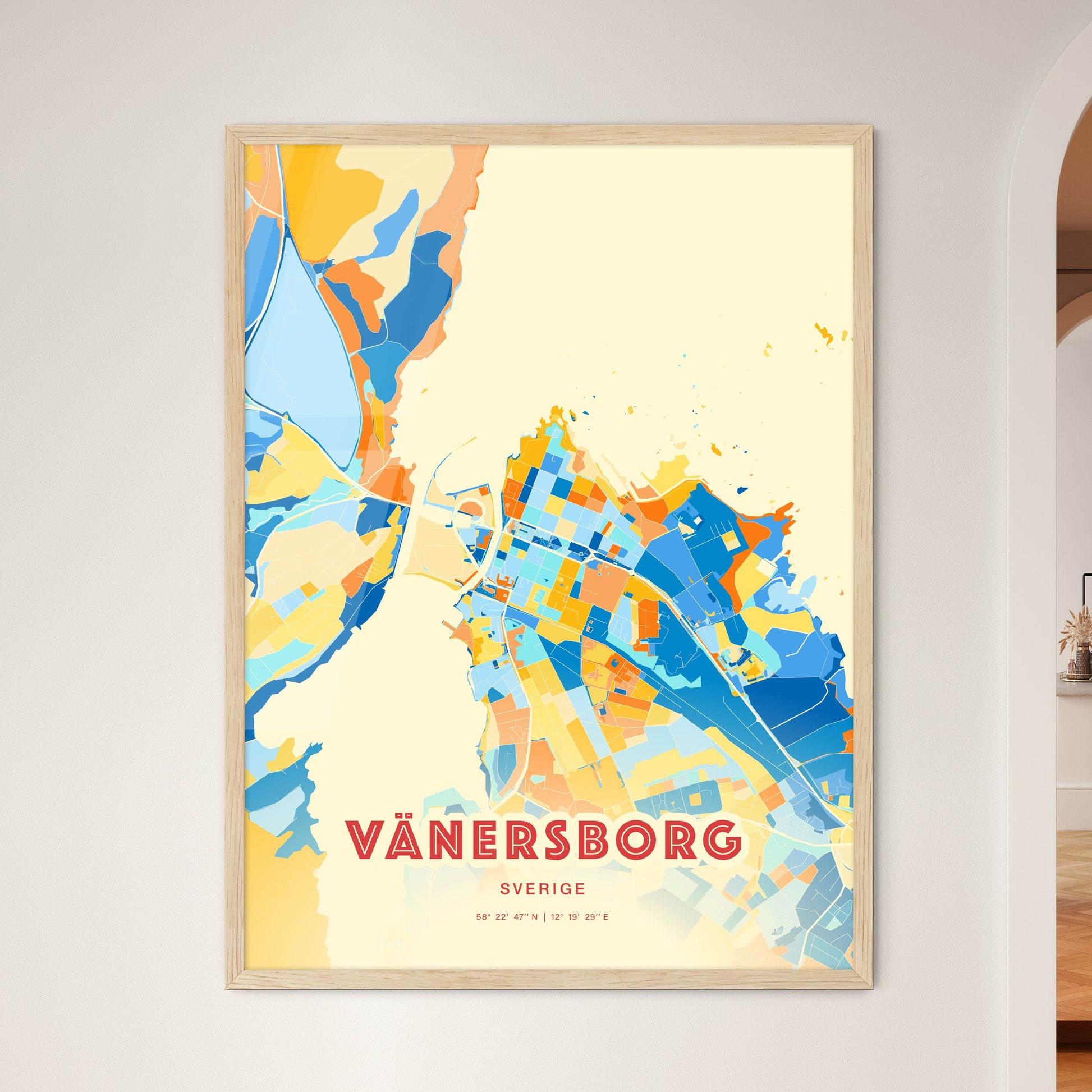 Colorful VÄNERSBORG SWEDEN Fine Art Map Blue Orange