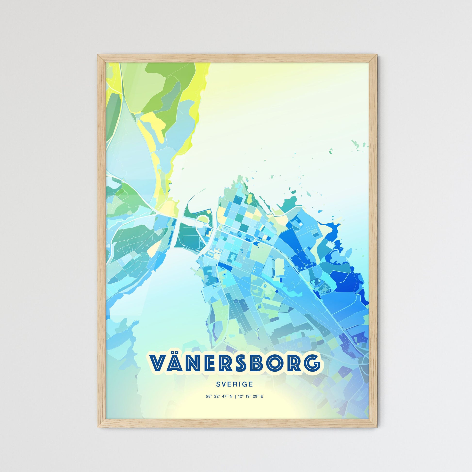 Colorful VÄNERSBORG SWEDEN Fine Art Map Cool Blue