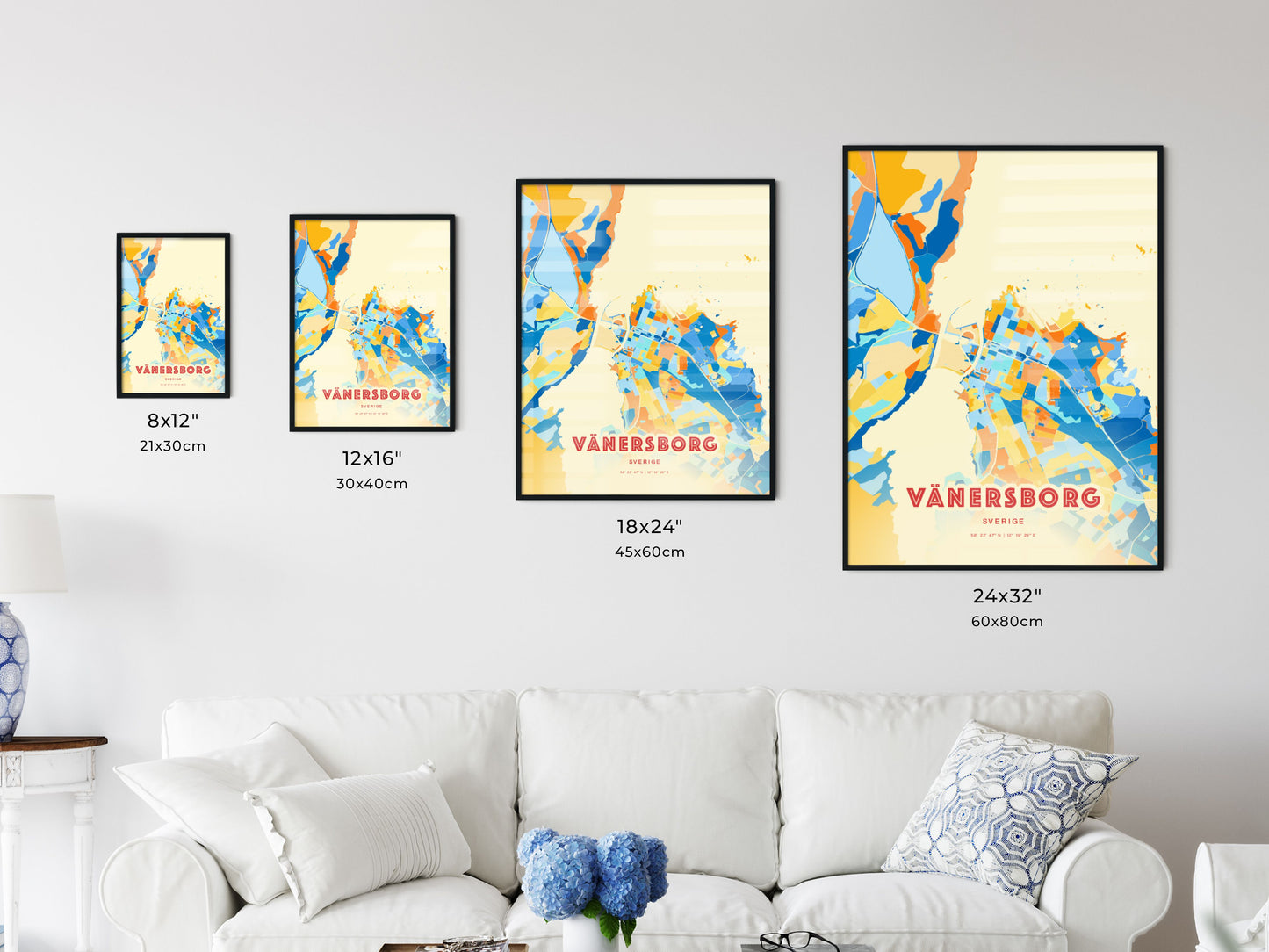 Colorful VÄNERSBORG SWEDEN Fine Art Map Blue Orange