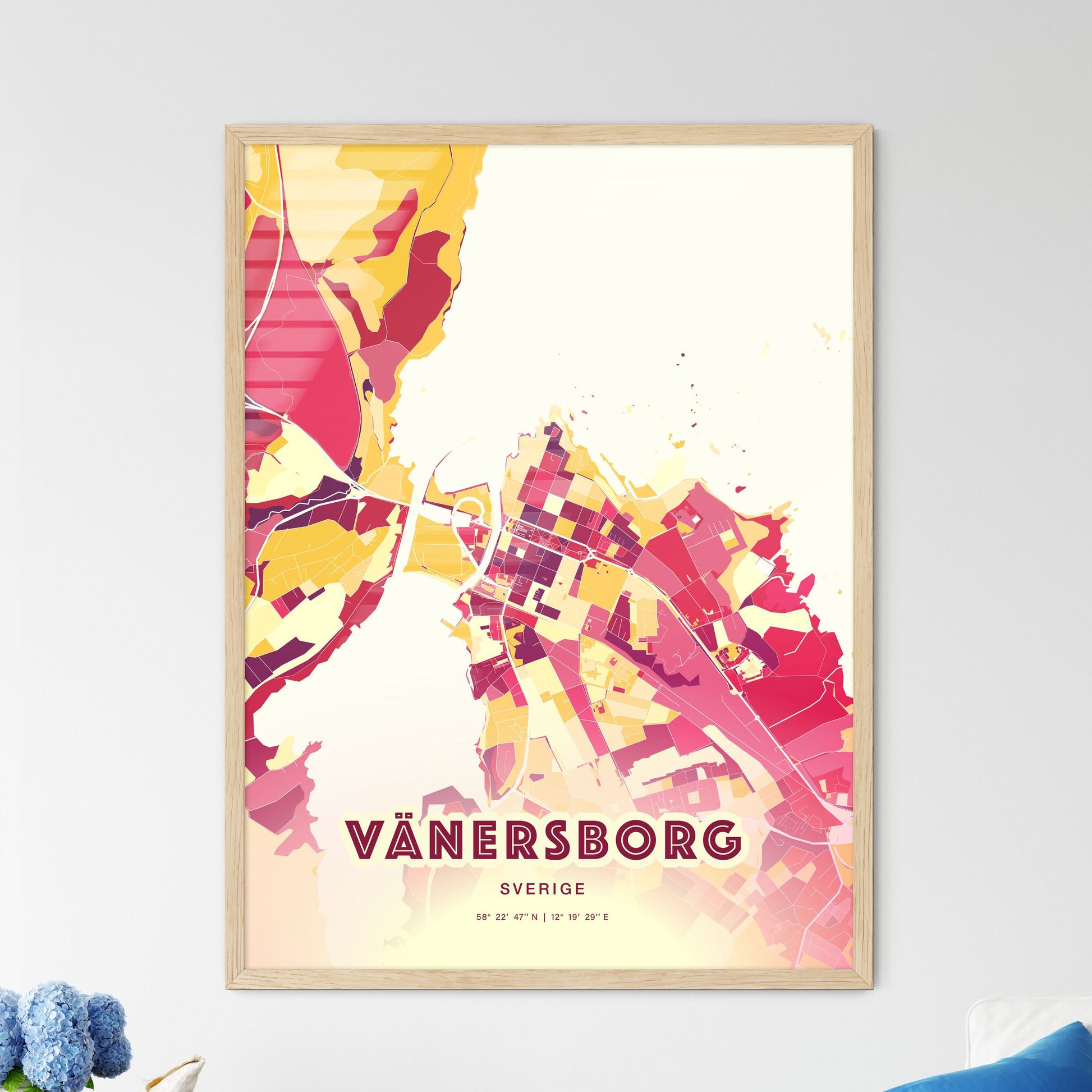 Colorful VÄNERSBORG SWEDEN Fine Art Map Hot Red