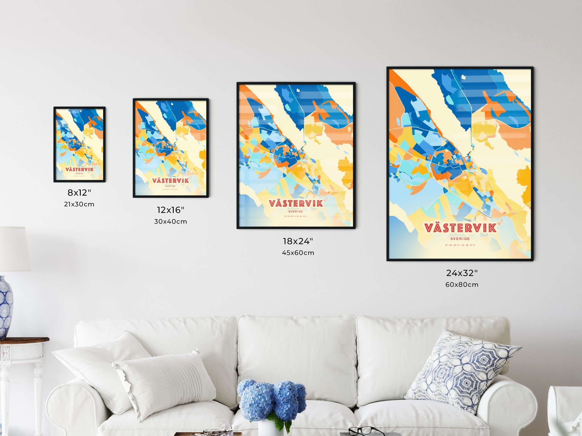 Colorful VÄSTERVIK SWEDEN Fine Art Map Blue Orange