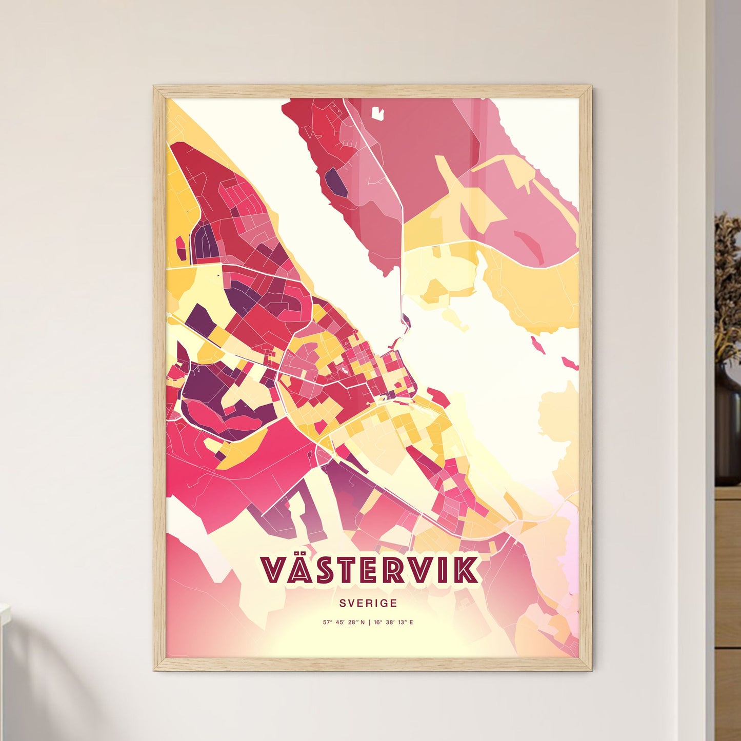 Colorful VÄSTERVIK SWEDEN Fine Art Map Hot Red