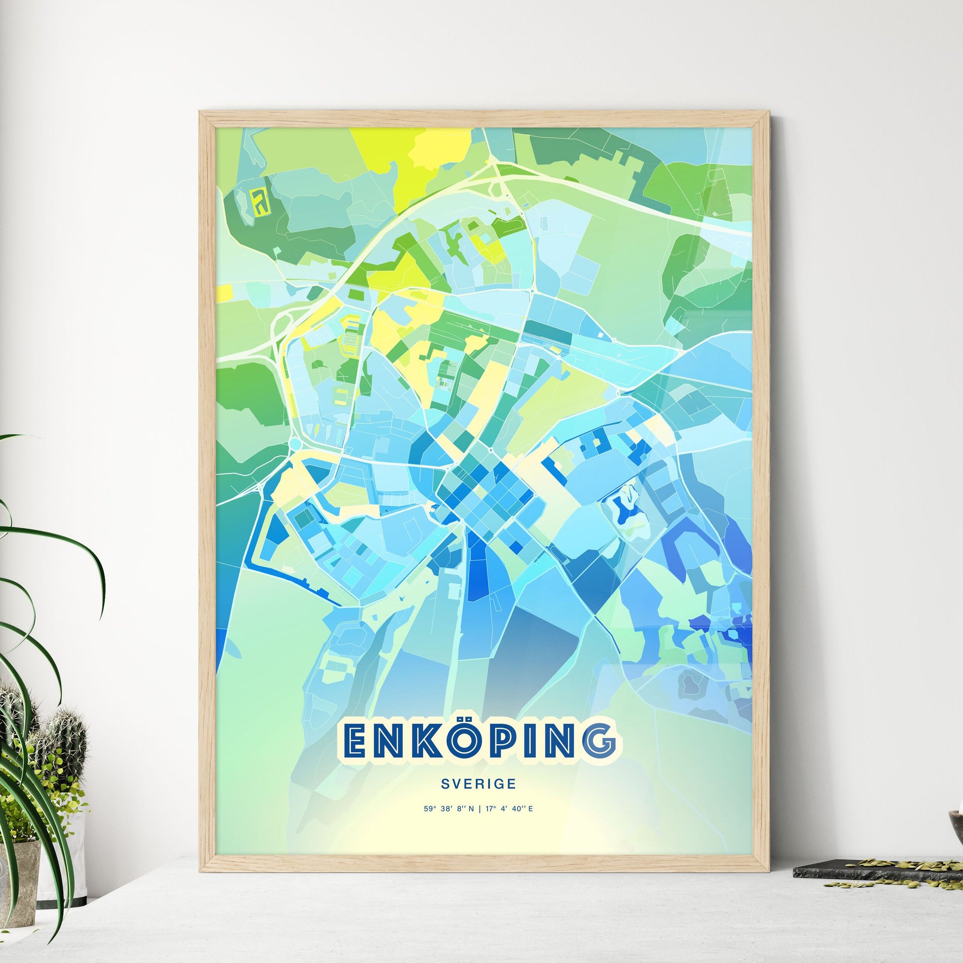 Colorful ENKÖPING SWEDEN Fine Art Map Cool Blue