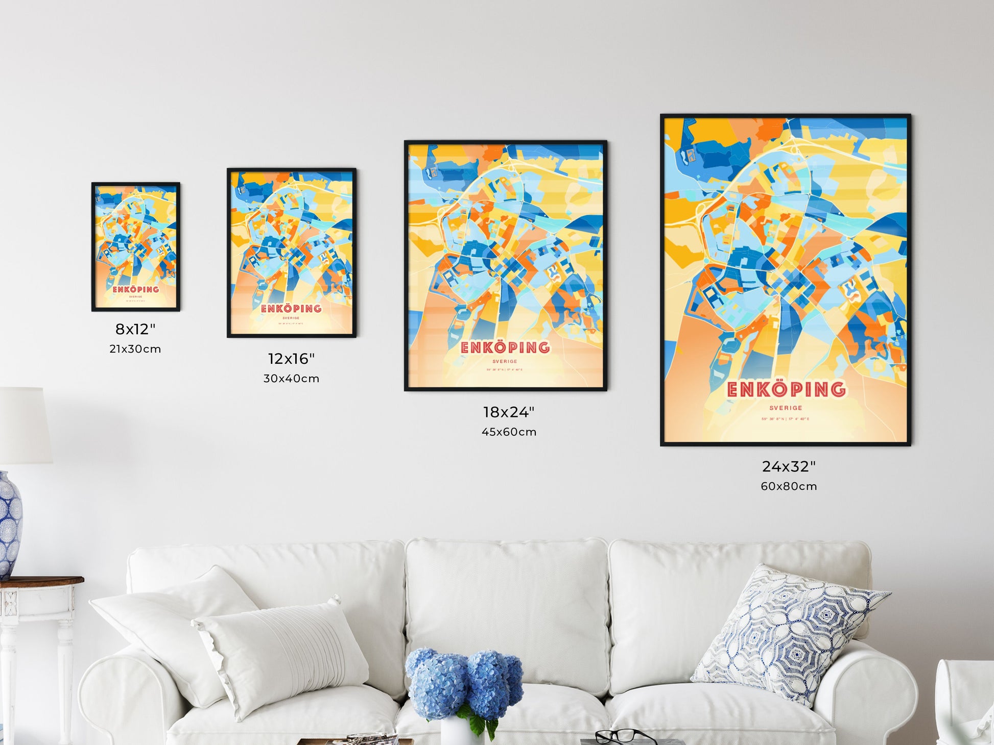 Colorful ENKÖPING SWEDEN Fine Art Map Blue Orange