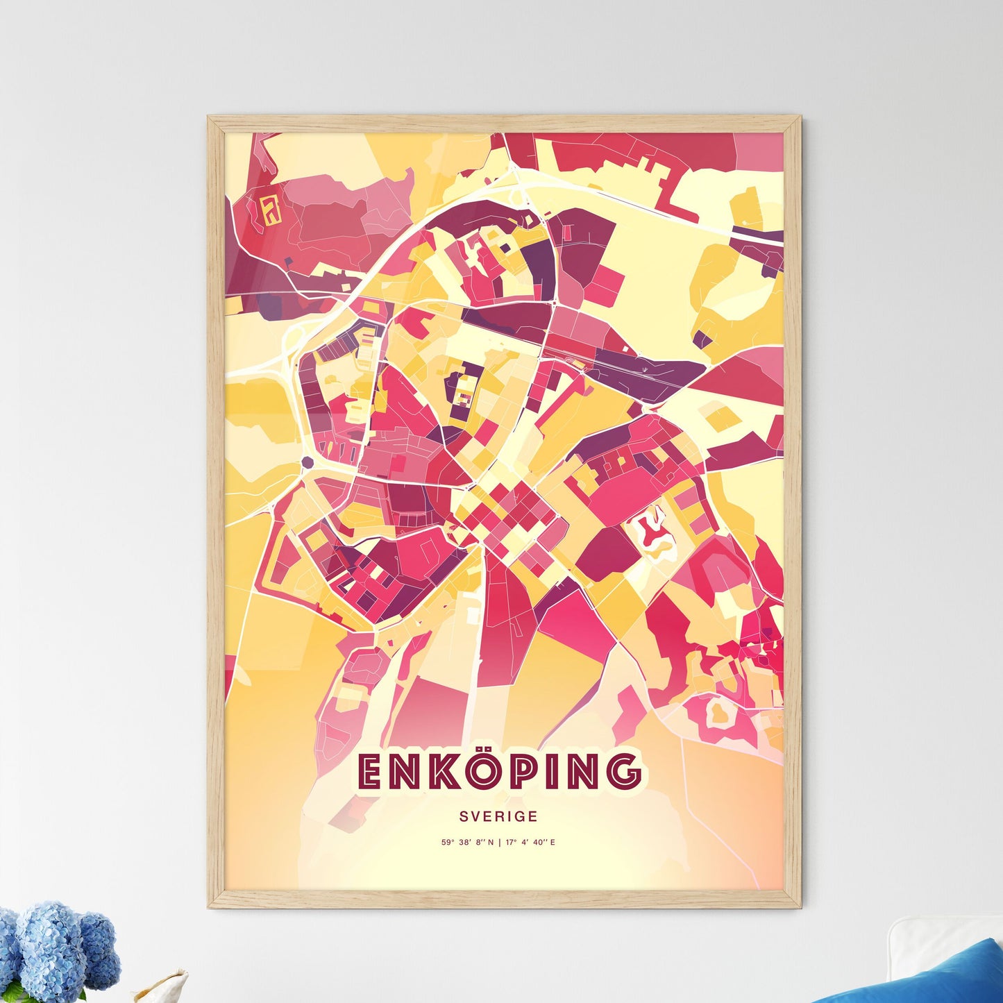 Colorful ENKÖPING SWEDEN Fine Art Map Hot Red