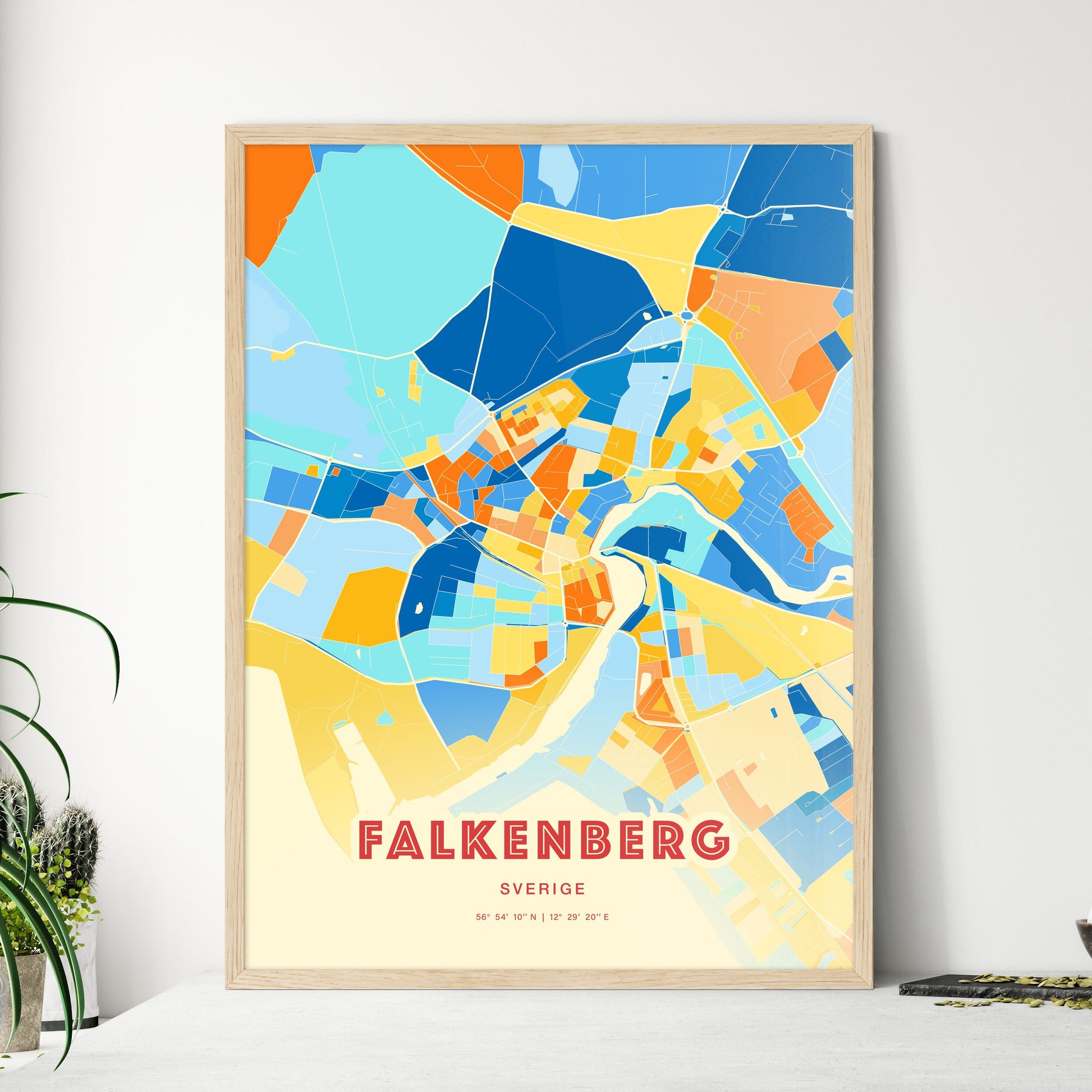 Colorful FALKENBERG SWEDEN Fine Art Map Blue Orange