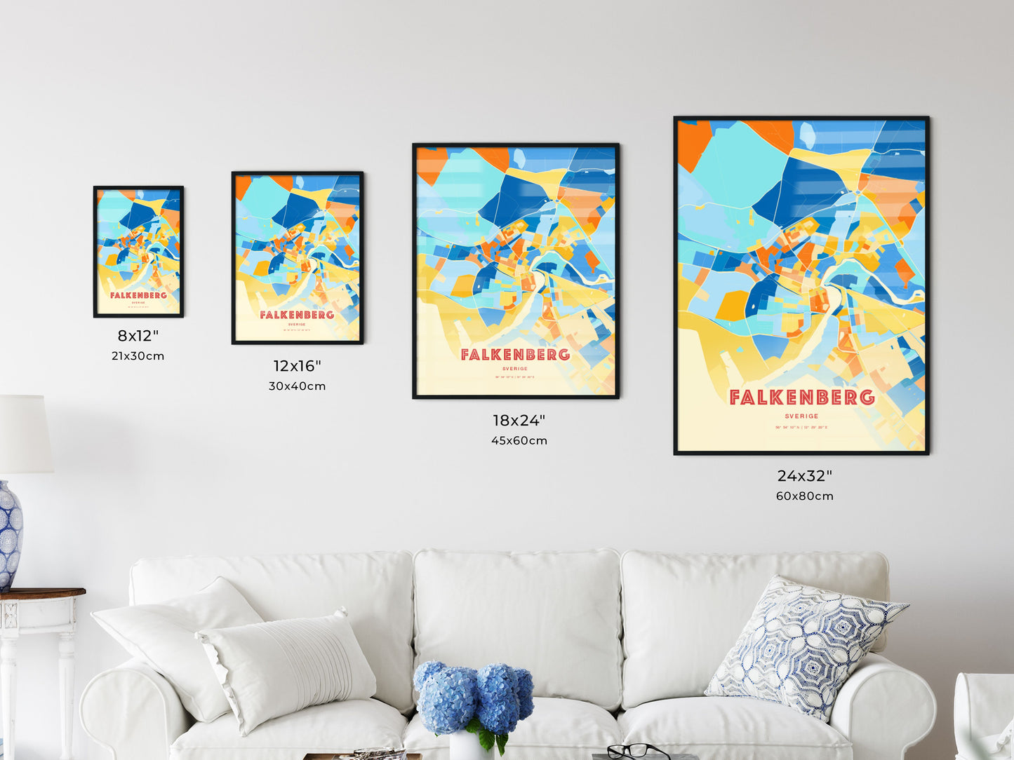 Colorful FALKENBERG SWEDEN Fine Art Map Blue Orange