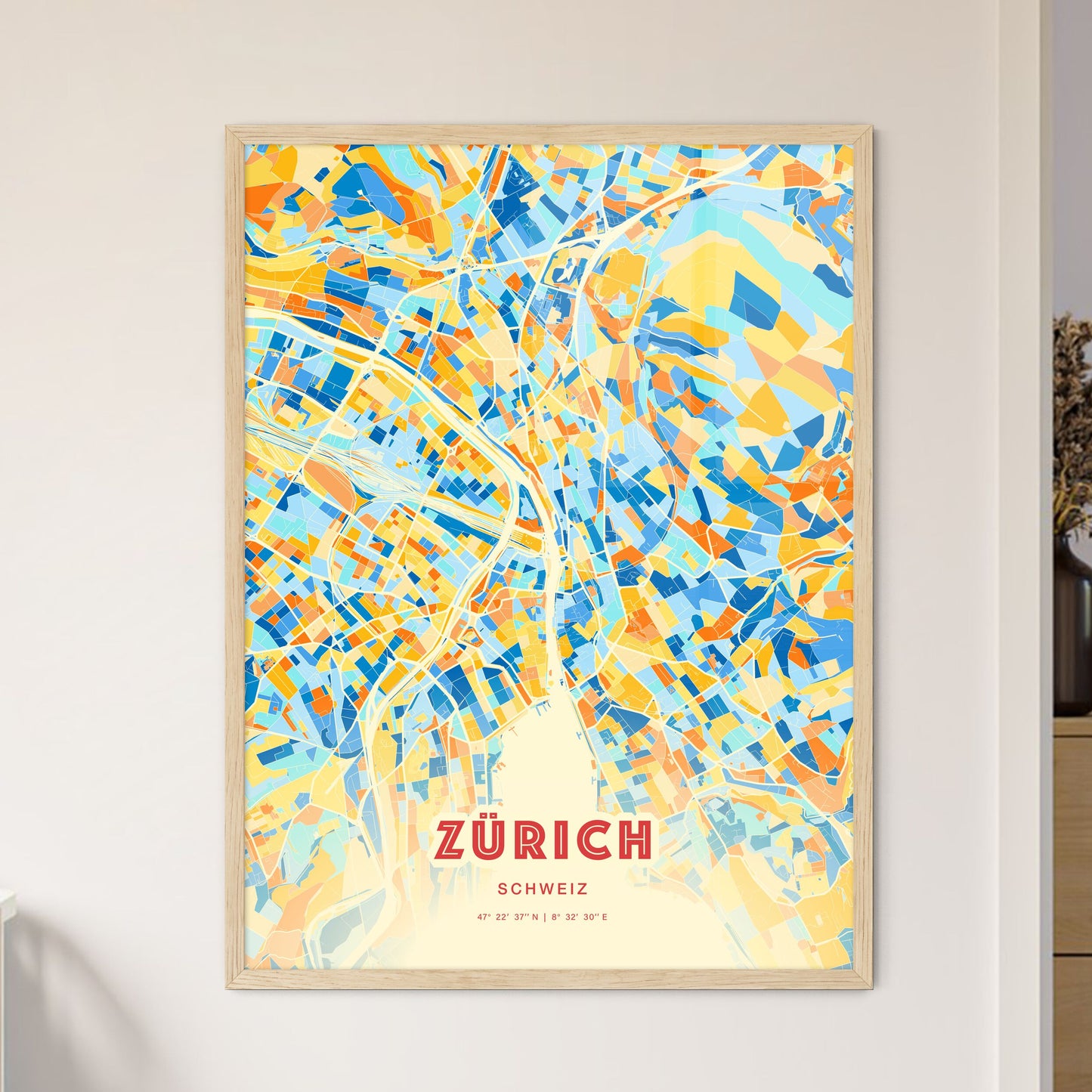 Colorful Zürich Switzerland Fine Art Map Blue Orange