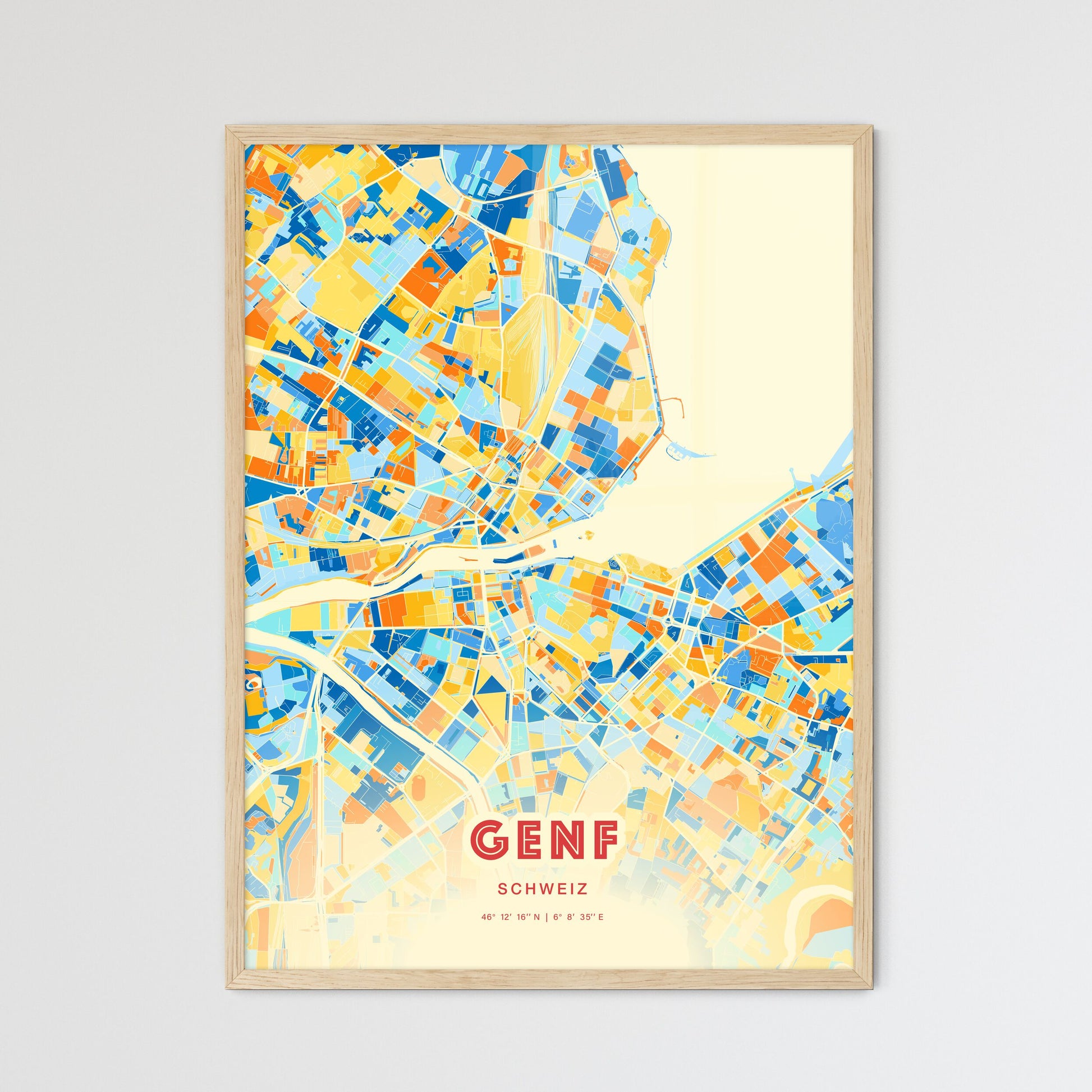 Colorful Geneva Switzerland Fine Art Map Blue Orange