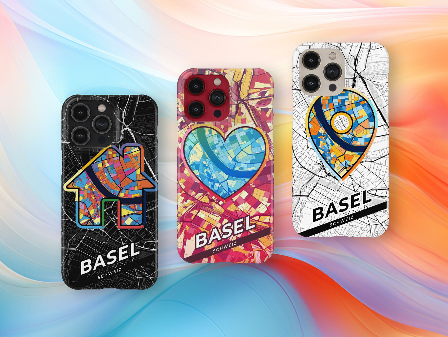 Basel Switzerland slim phone case with colorful icon. Birthday, wedding or housewarming gift. Couple match cases.