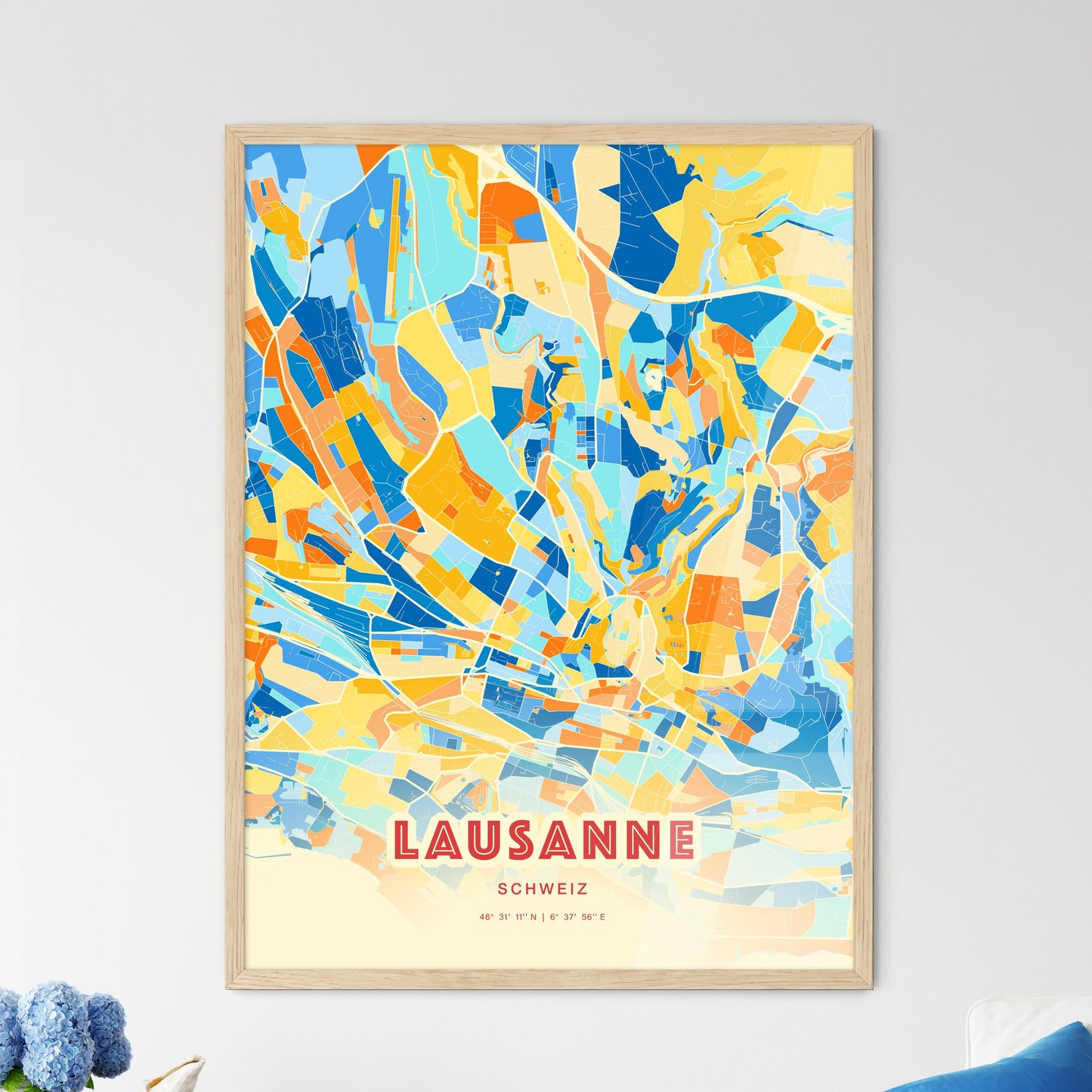 Colorful Lausanne Switzerland Fine Art Map Blue Orange
