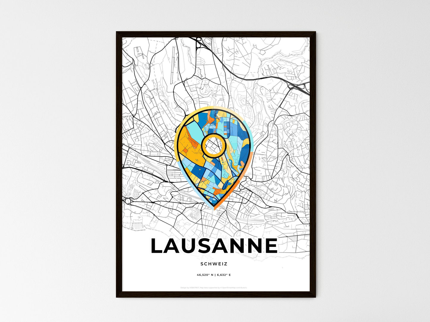 Lausanne Switzerland wedding art map with pointer icon