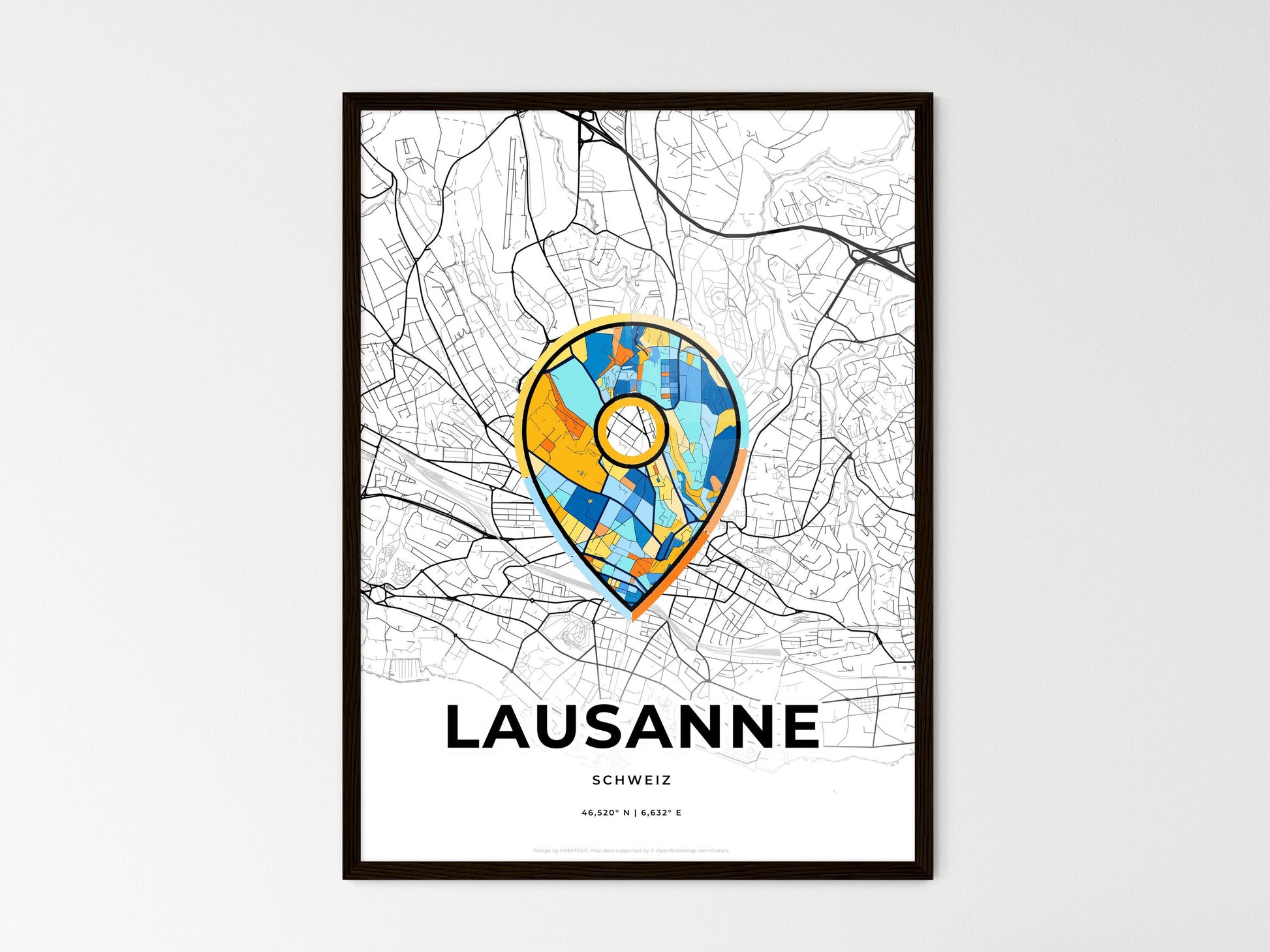 Lausanne Switzerland wedding art map with pointer icon